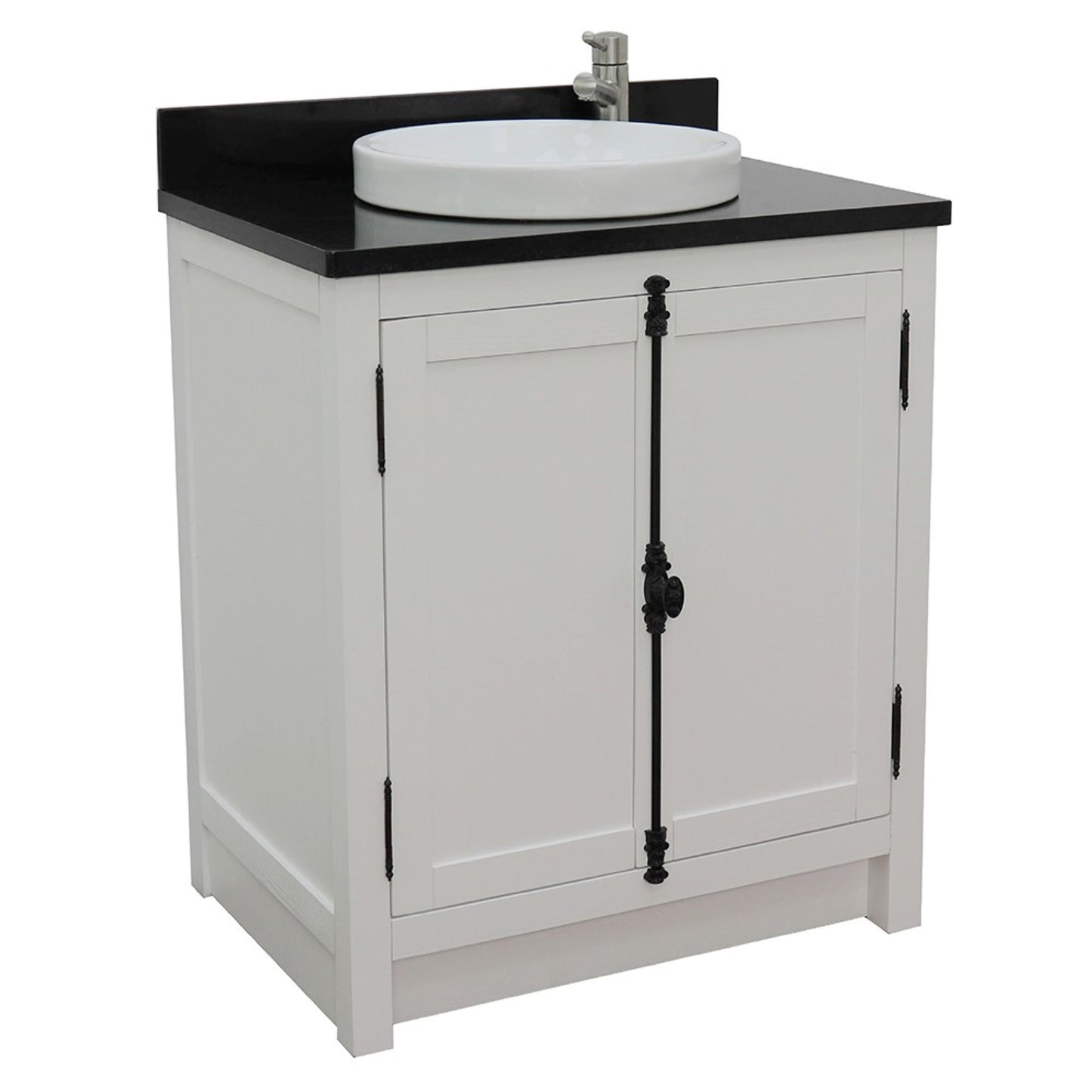 31" Single vanity in Glacier Ash finish with Black Galaxy top and round sink