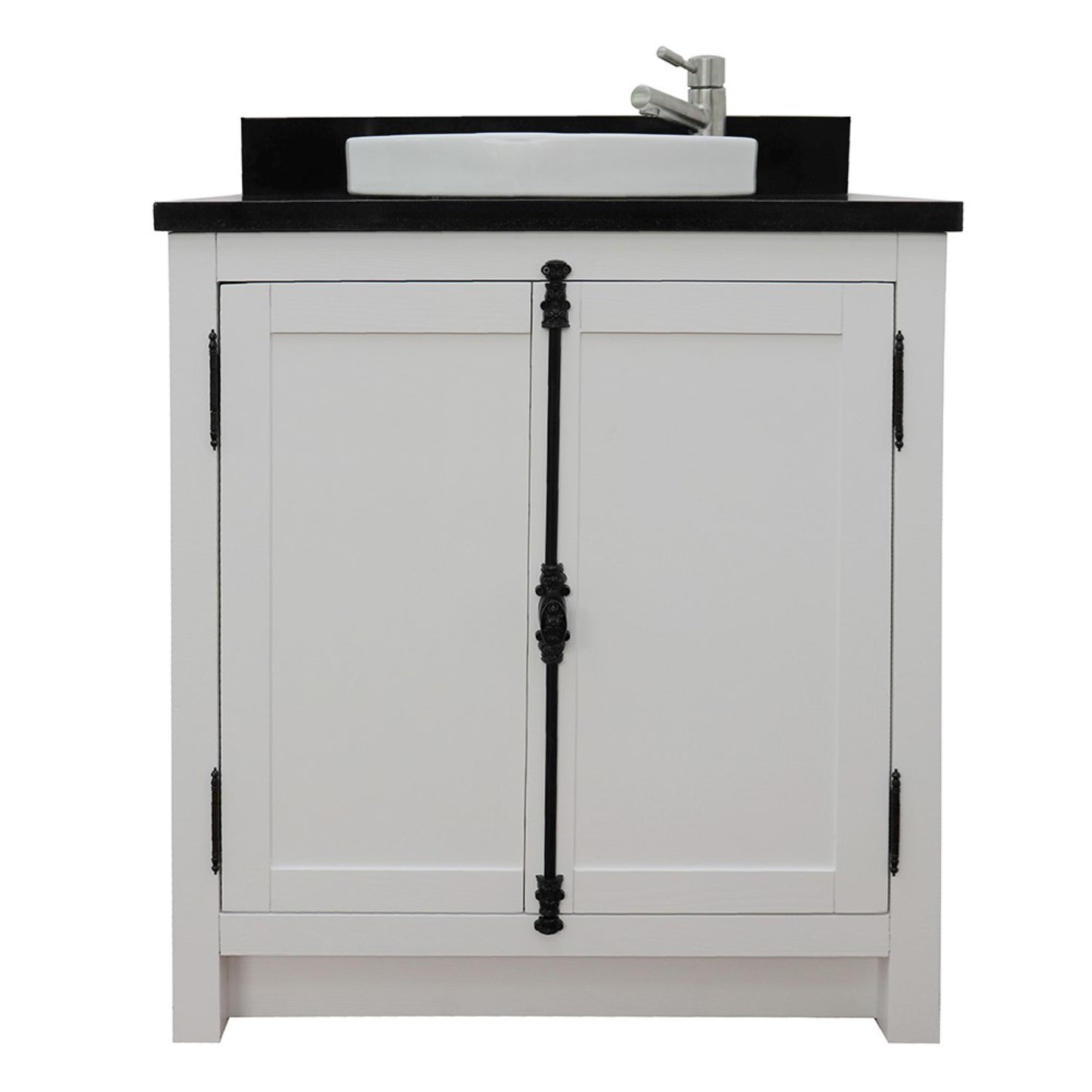 31" Single vanity in Glacier Ash finish with Black Galaxy top and round sink