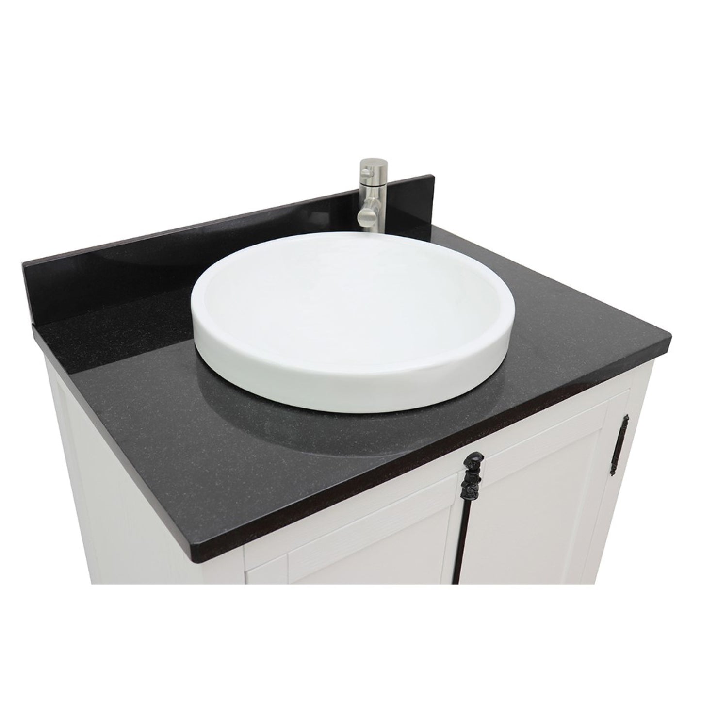 31" Single vanity in Glacier Ash finish with Black Galaxy top and round sink