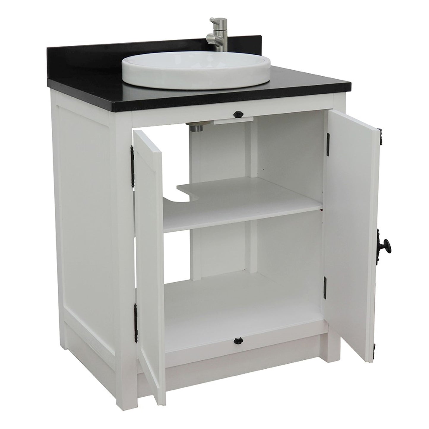 31" Single vanity in Glacier Ash finish with Black Galaxy top and round sink