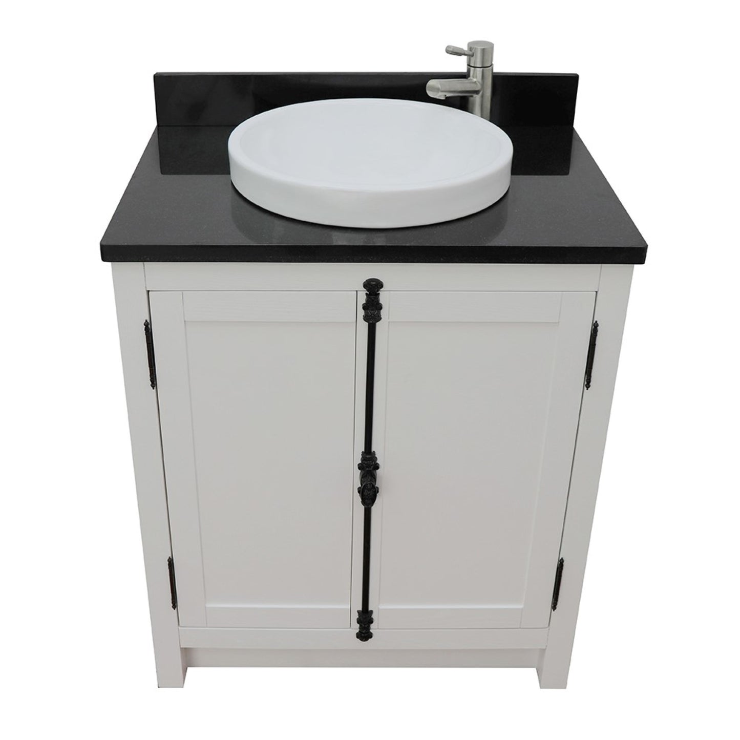 31" Single vanity in Glacier Ash finish with Black Galaxy top and round sink