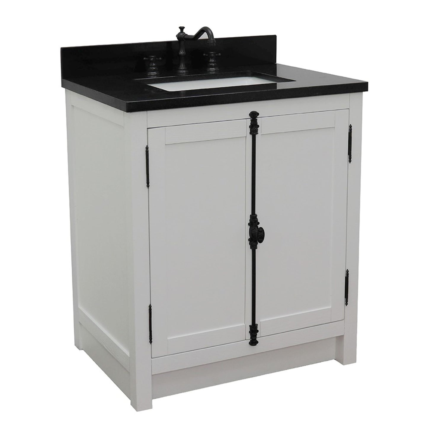 31" Single vanity in Glacier Ash finish with Black Galaxy top and rectangle sink