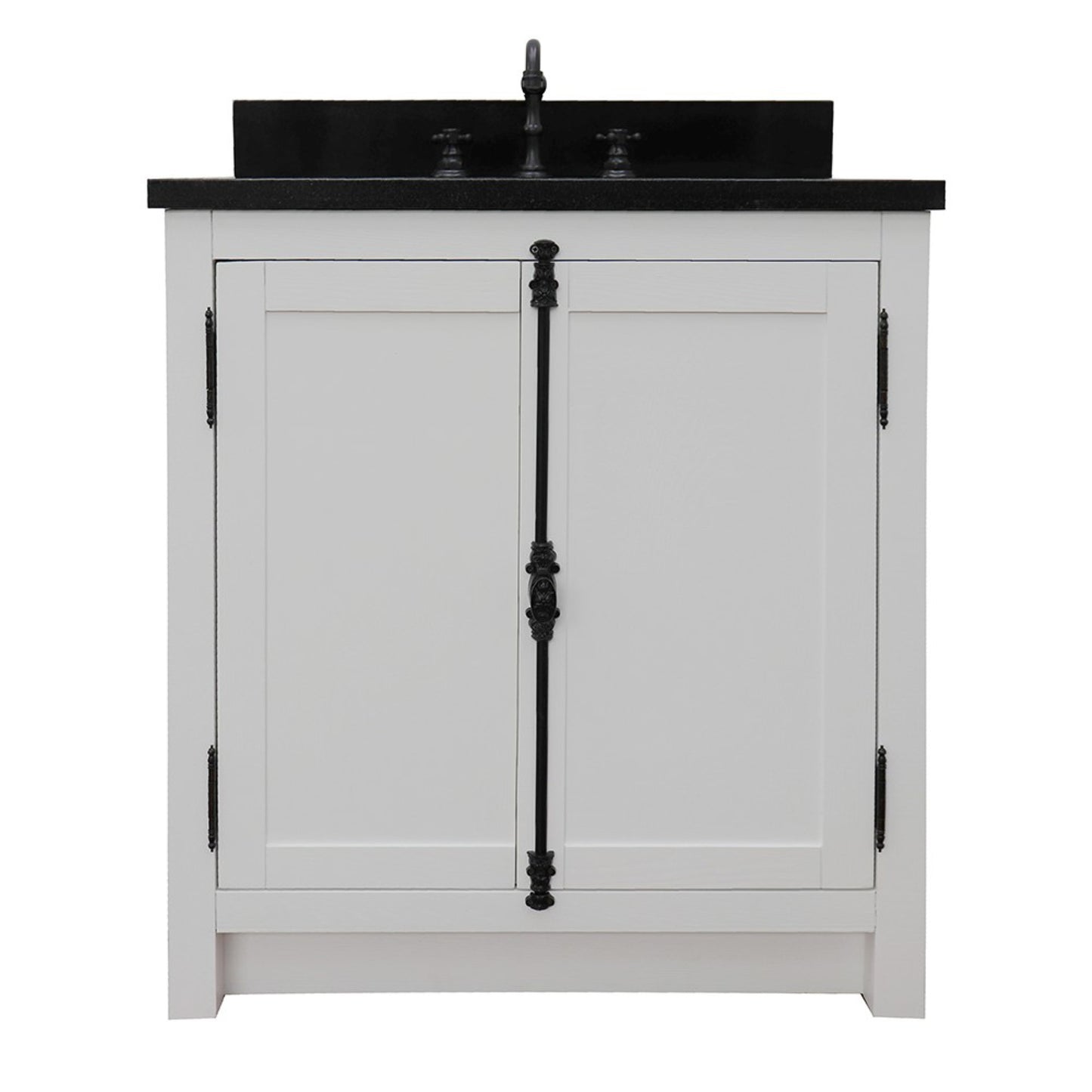 31" Single vanity in Glacier Ash finish with Black Galaxy top and rectangle sink