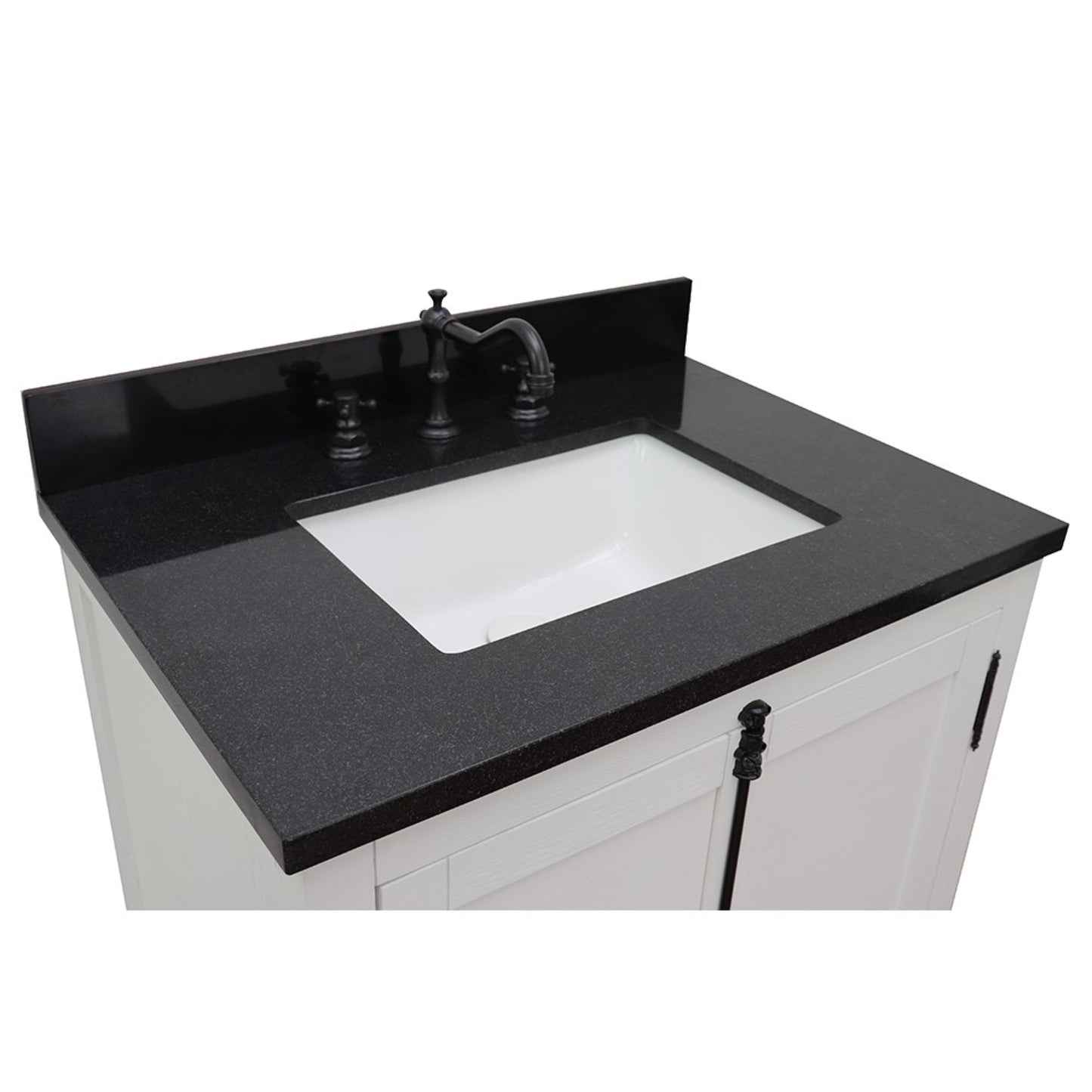 31" Single vanity in Glacier Ash finish with Black Galaxy top and rectangle sink