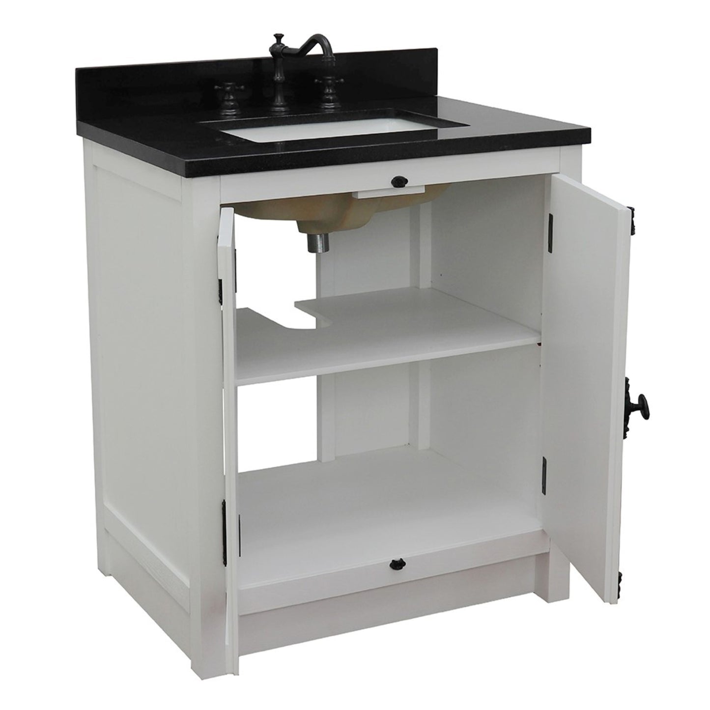 31" Single vanity in Glacier Ash finish with Black Galaxy top and rectangle sink