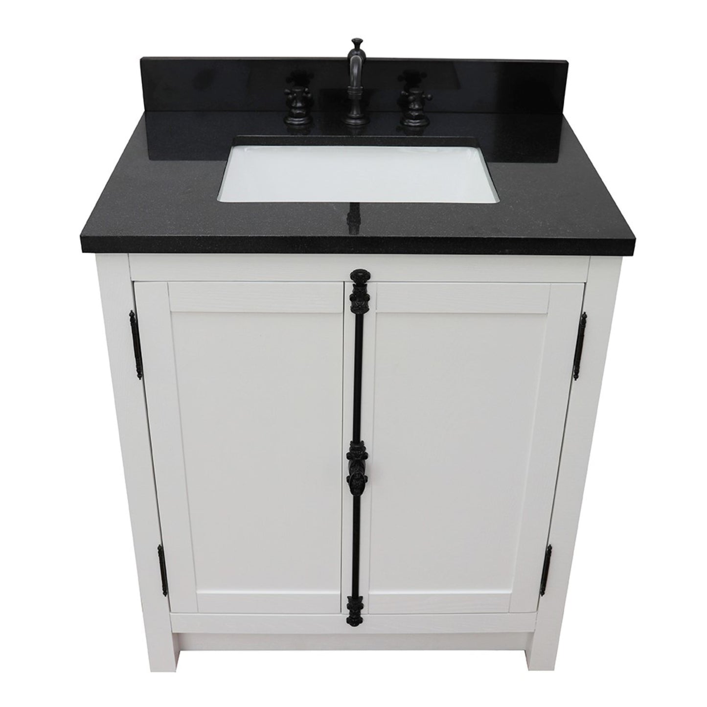 31" Single vanity in Glacier Ash finish with Black Galaxy top and rectangle sink