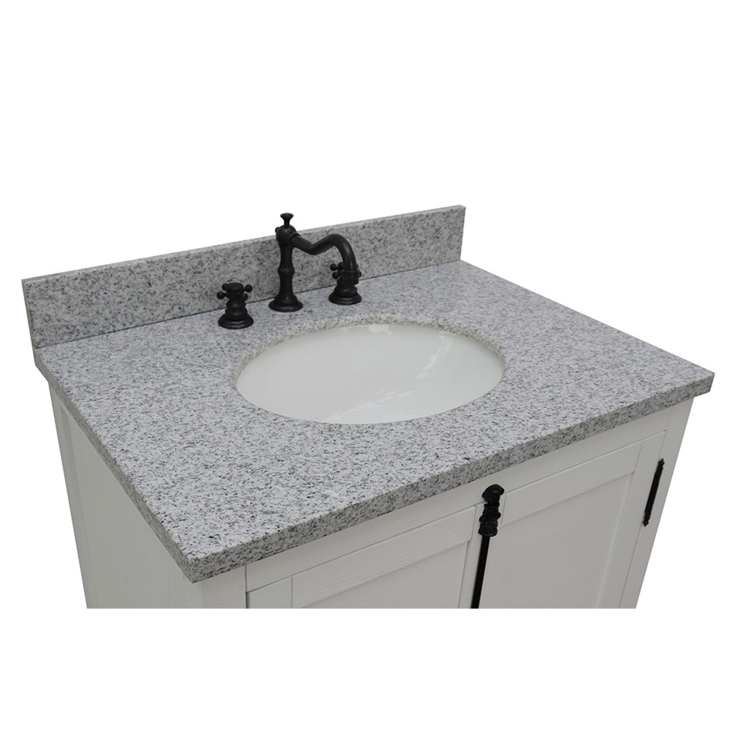 31" Single vanity in Glacier Ash finish with Gray granite top and oval sink