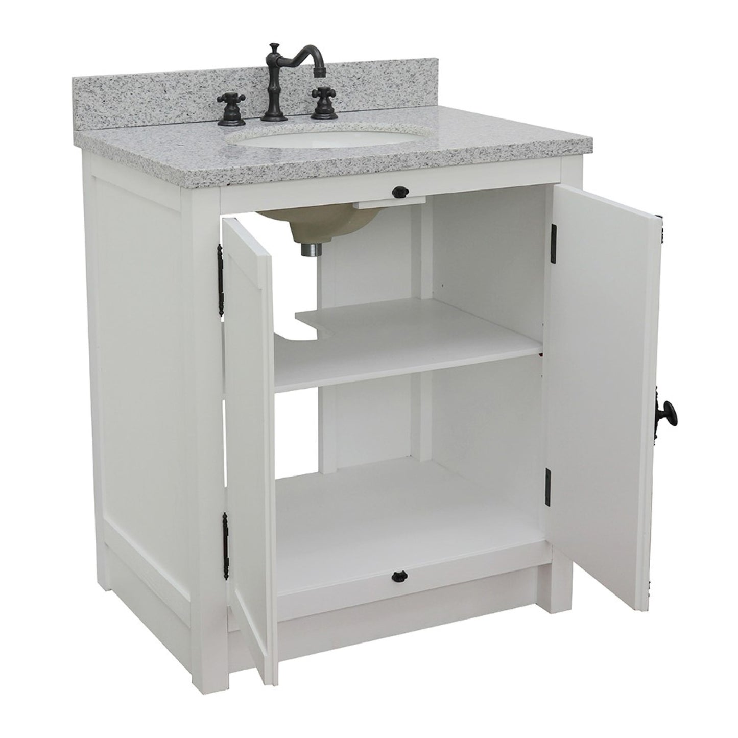 31" Single vanity in Glacier Ash finish with Gray granite top and oval sink