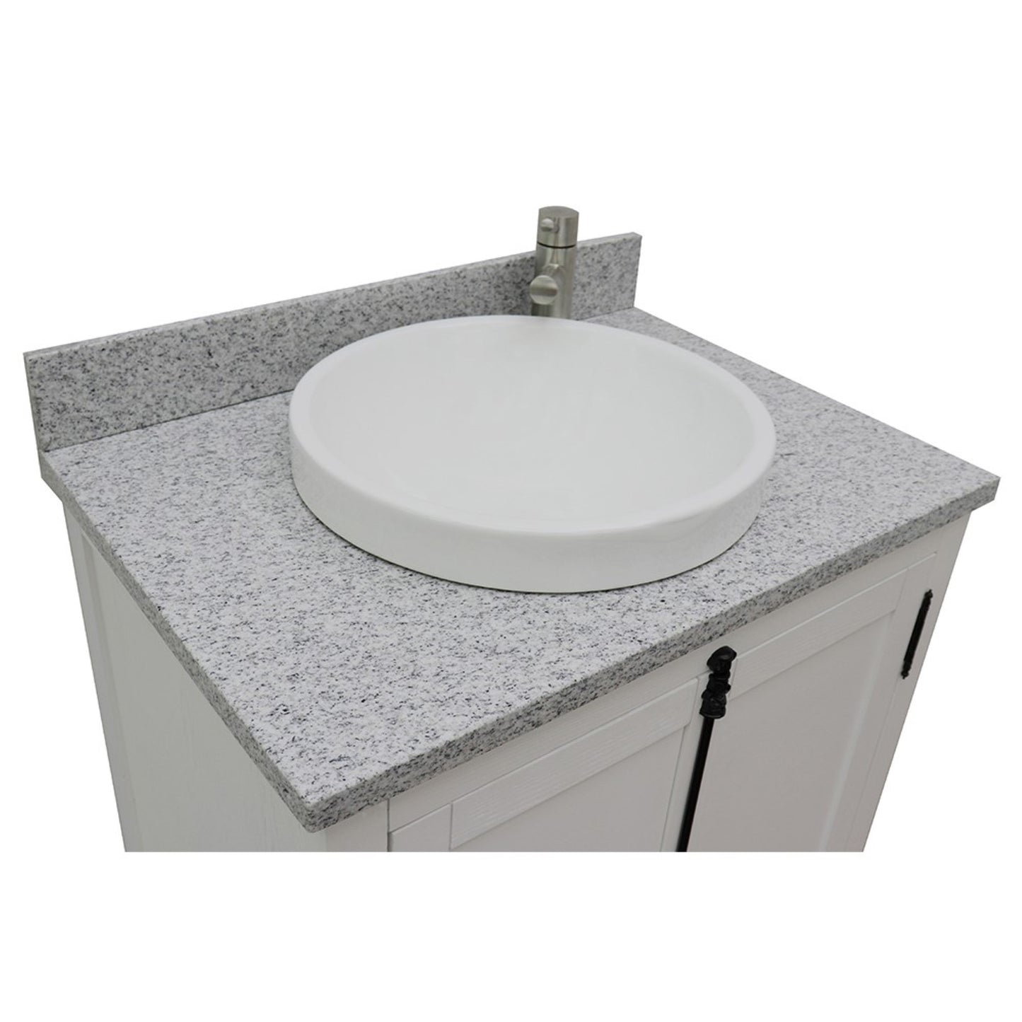 31" Single vanity in Glacier Ash finish with Gray granite top and round sink