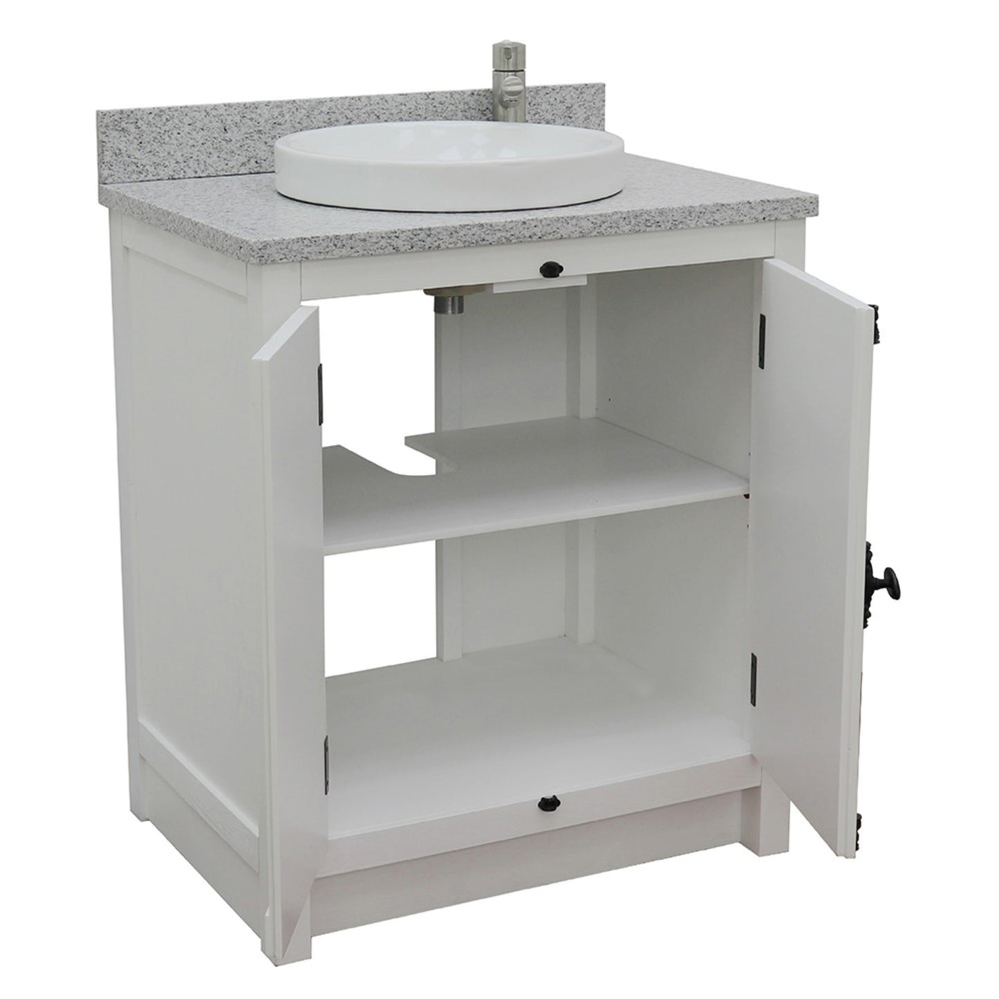 31" Single vanity in Glacier Ash finish with Gray granite top and round sink