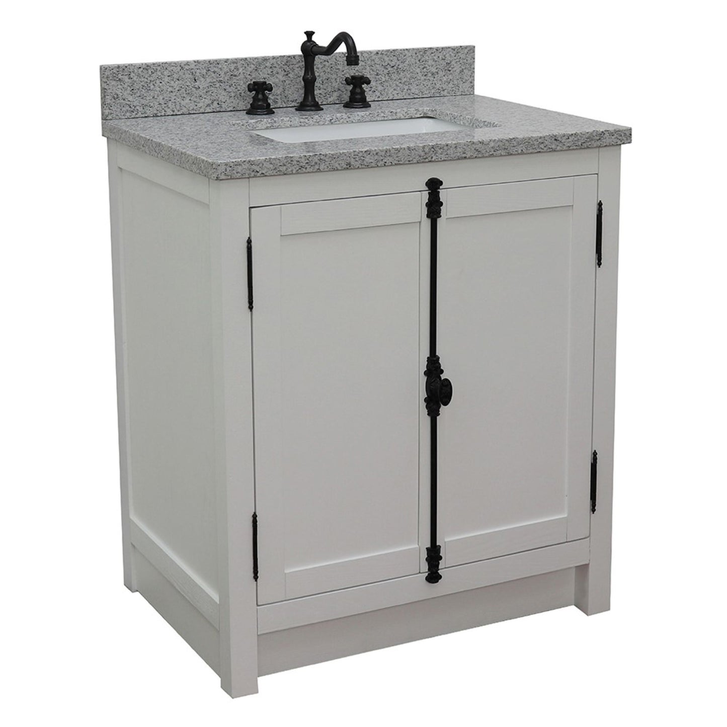 31" Single vanity in Glacier Ash finish with Gray granite top and rectangle sink