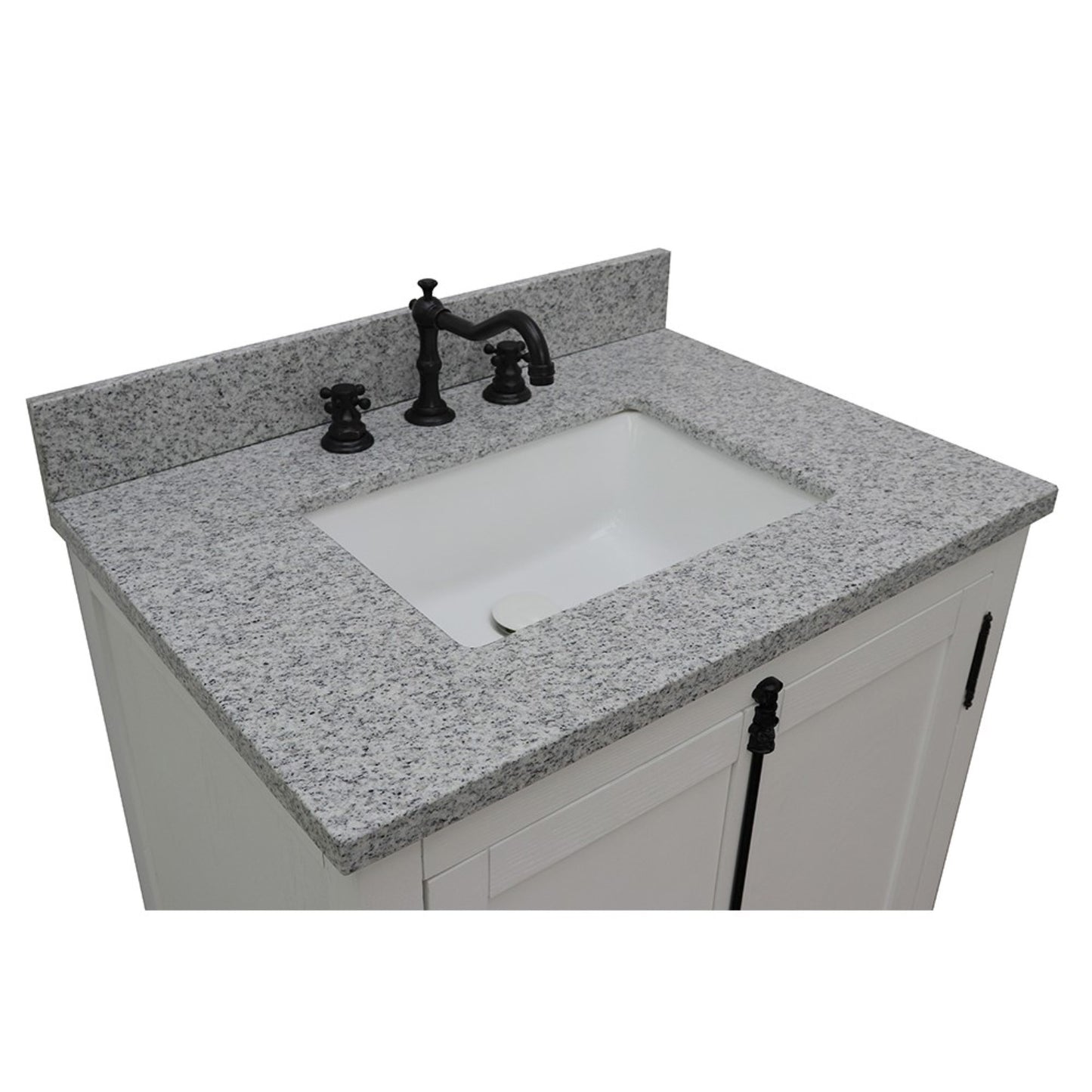 31" Single vanity in Glacier Ash finish with Gray granite top and rectangle sink