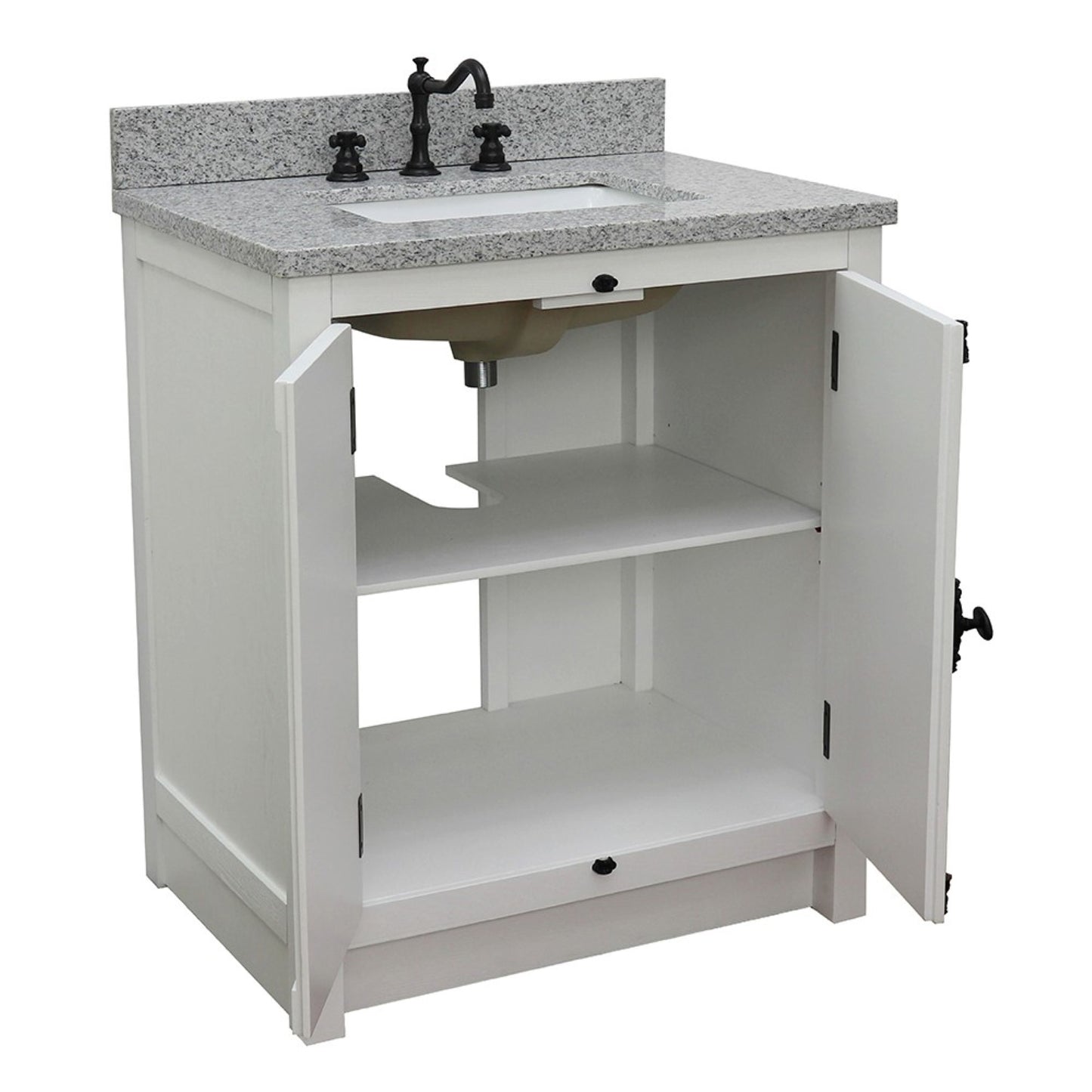 31" Single vanity in Glacier Ash finish with Gray granite top and rectangle sink