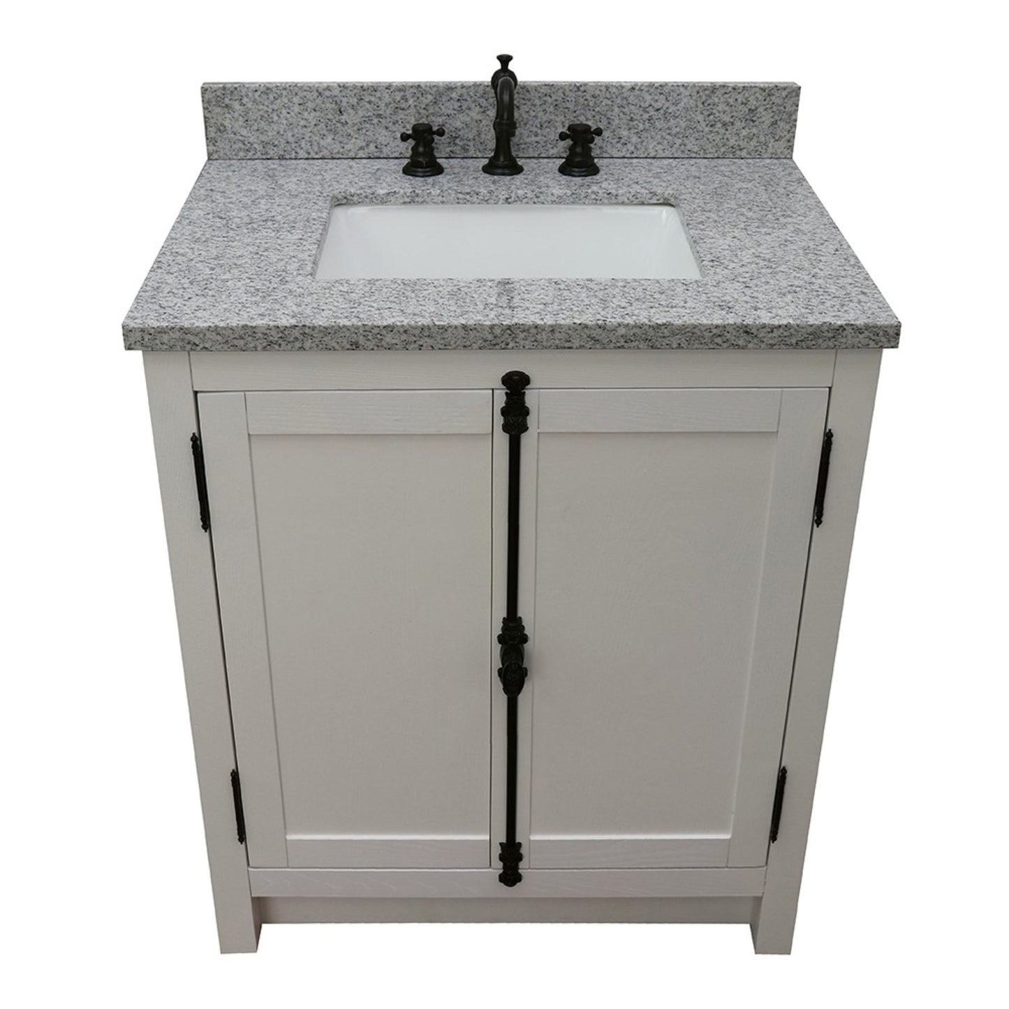 31" Single vanity in Glacier Ash finish with Gray granite top and rectangle sink