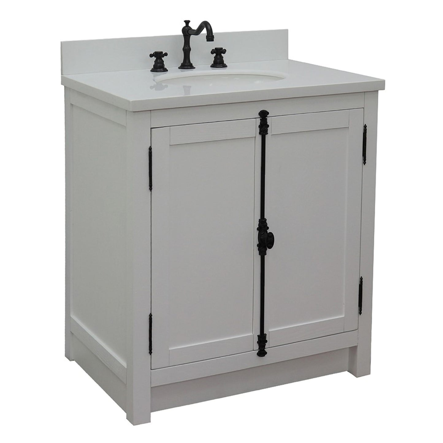 31" Single vanity in Glacier Ash finish with White engineered stone top and oval sink