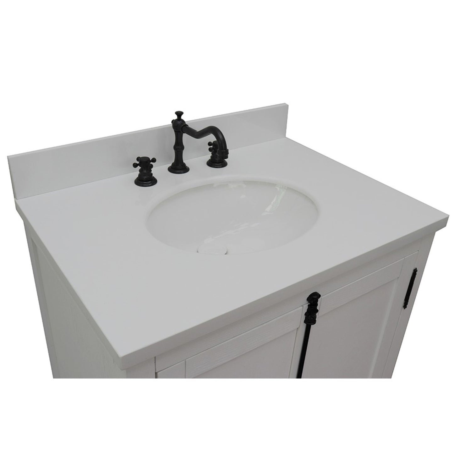 31" Single vanity in Glacier Ash finish with White engineered stone top and oval sink