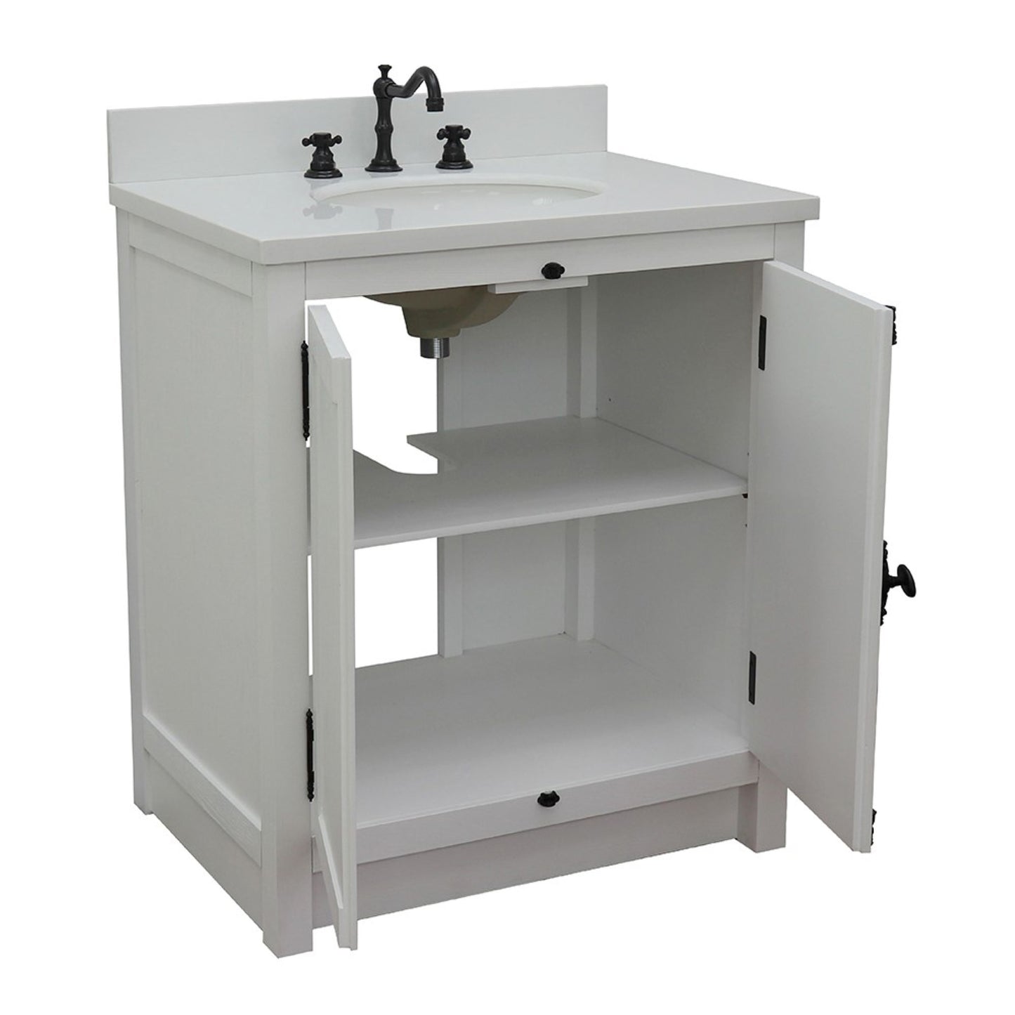 31" Single vanity in Glacier Ash finish with White engineered stone top and oval sink