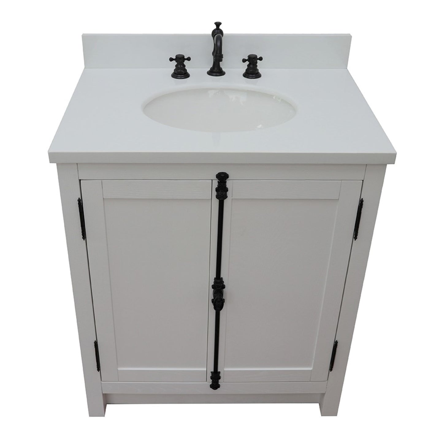 31" Single vanity in Glacier Ash finish with White engineered stone top and oval sink