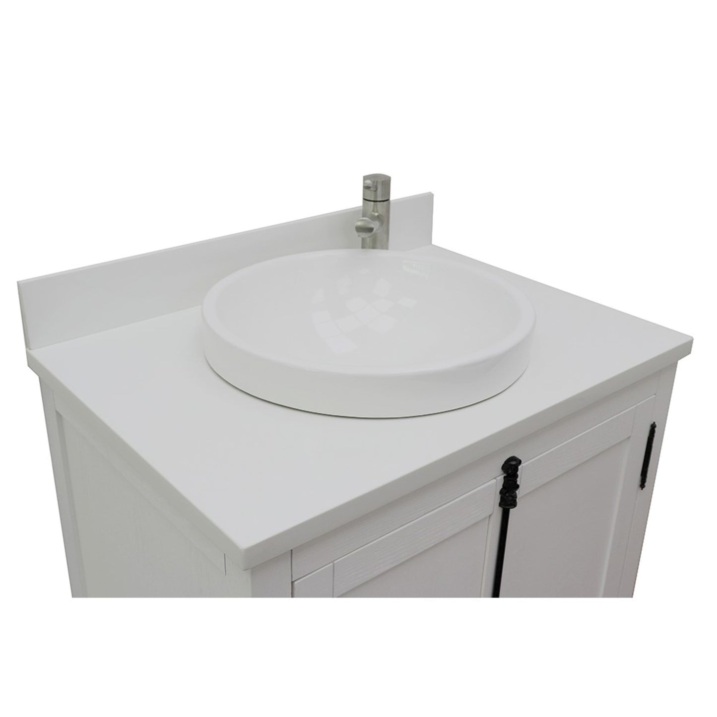 31" Single vanity in Glacier Ash finish with White engineered stone top and round sink