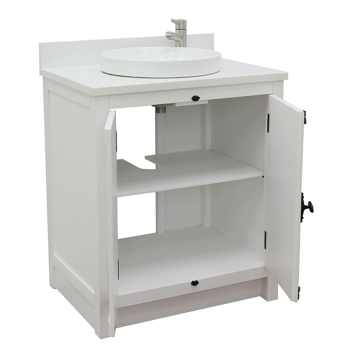 31" Single vanity in Glacier Ash finish with White engineered stone top and round sink