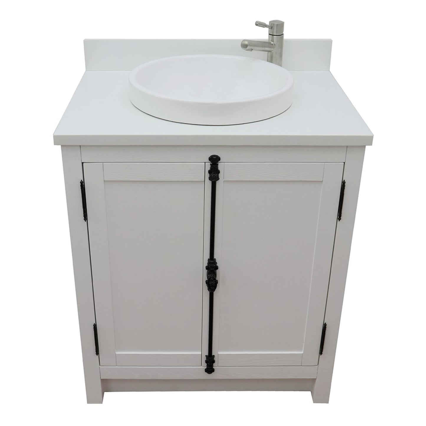 31" Single vanity in Glacier Ash finish with White engineered stone top and round sink