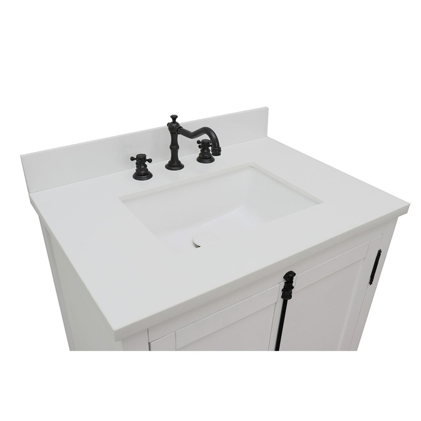 31" Single vanity in Glacier Ash finish with White engineered stone top and rectangle sink
