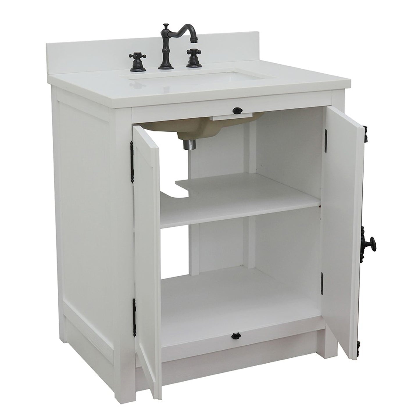 31" Single vanity in Glacier Ash finish with White engineered stone top and rectangle sink