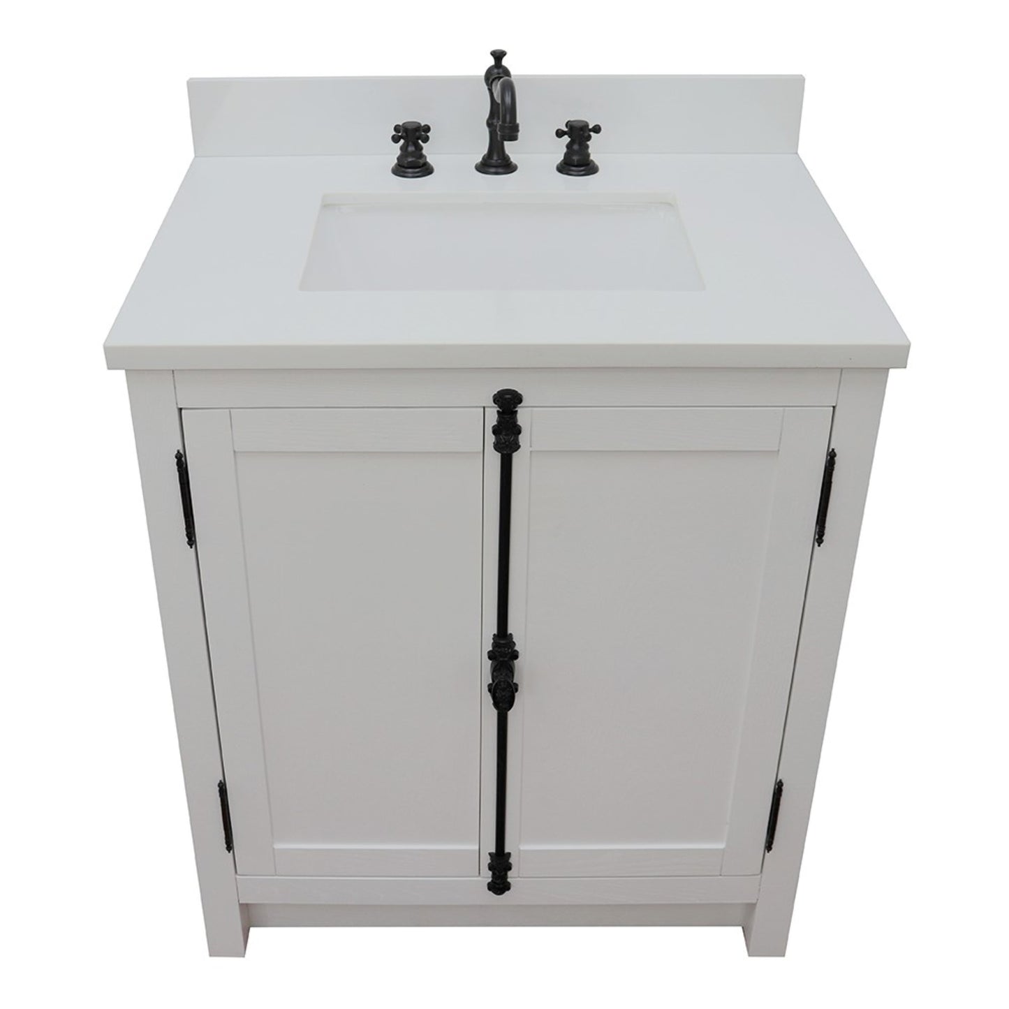 31" Single vanity in Glacier Ash finish with White engineered stone top and rectangle sink