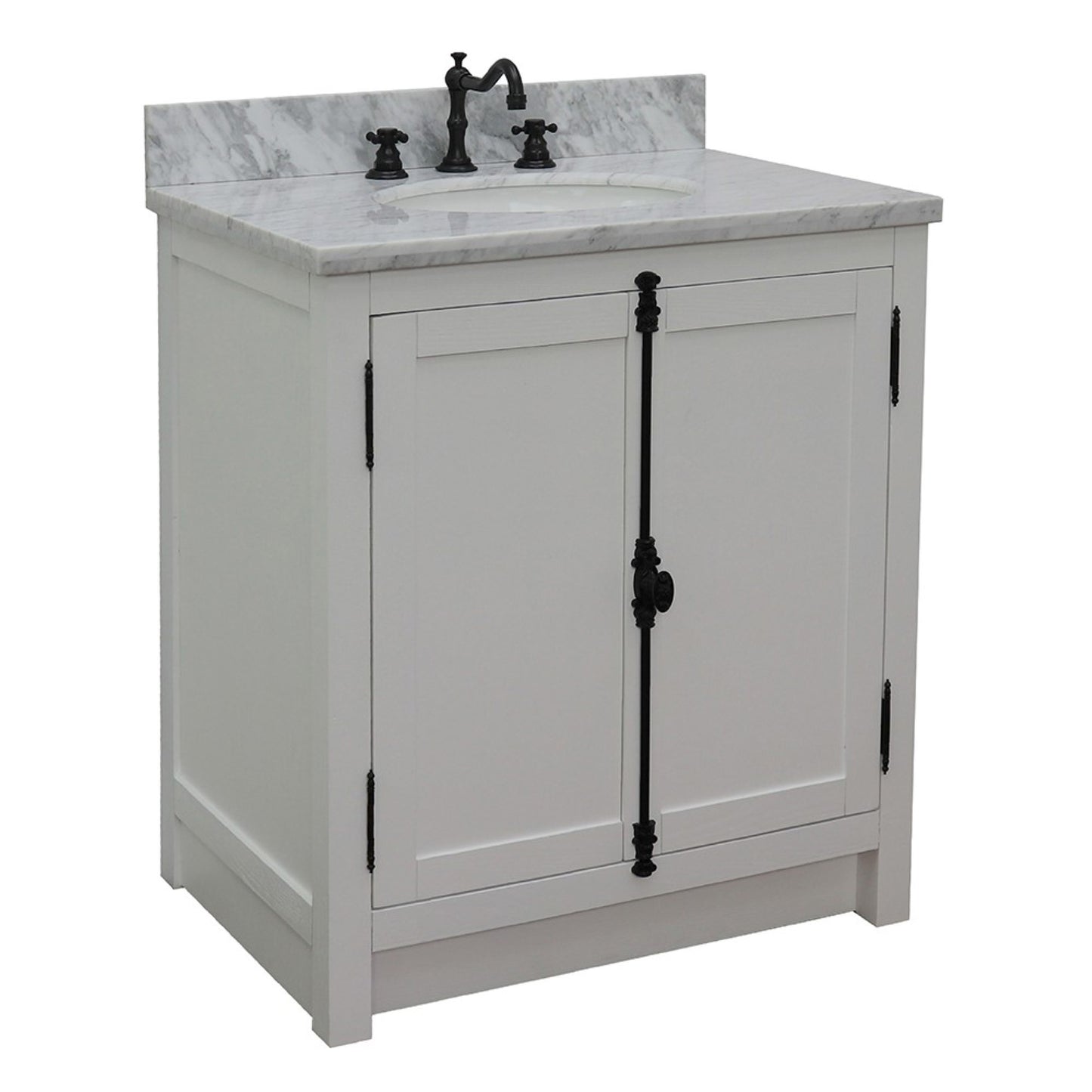 31" Single vanity in Glacier Ash finish with White Carrara top and oval sink