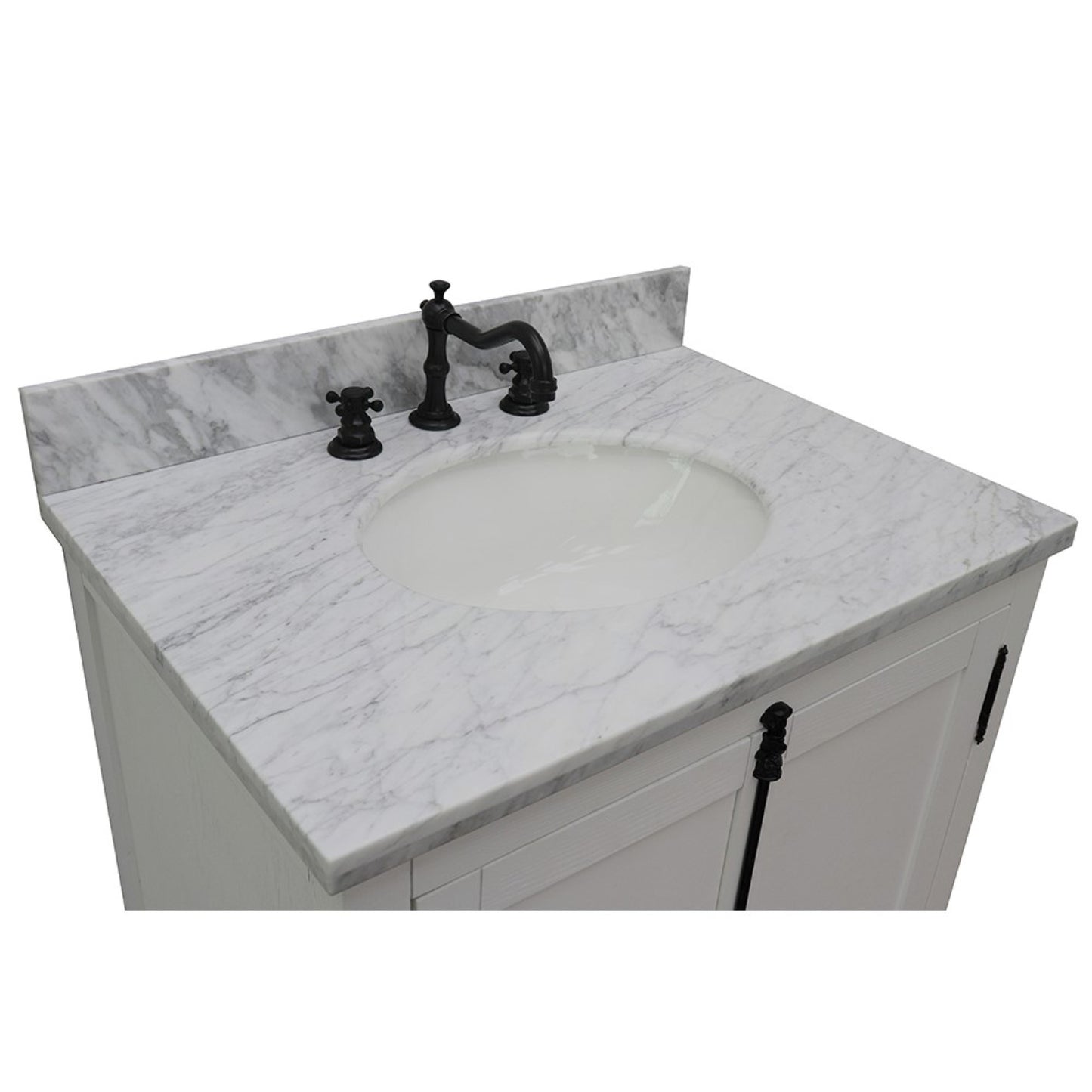 31" Single vanity in Glacier Ash finish with White Carrara top and oval sink