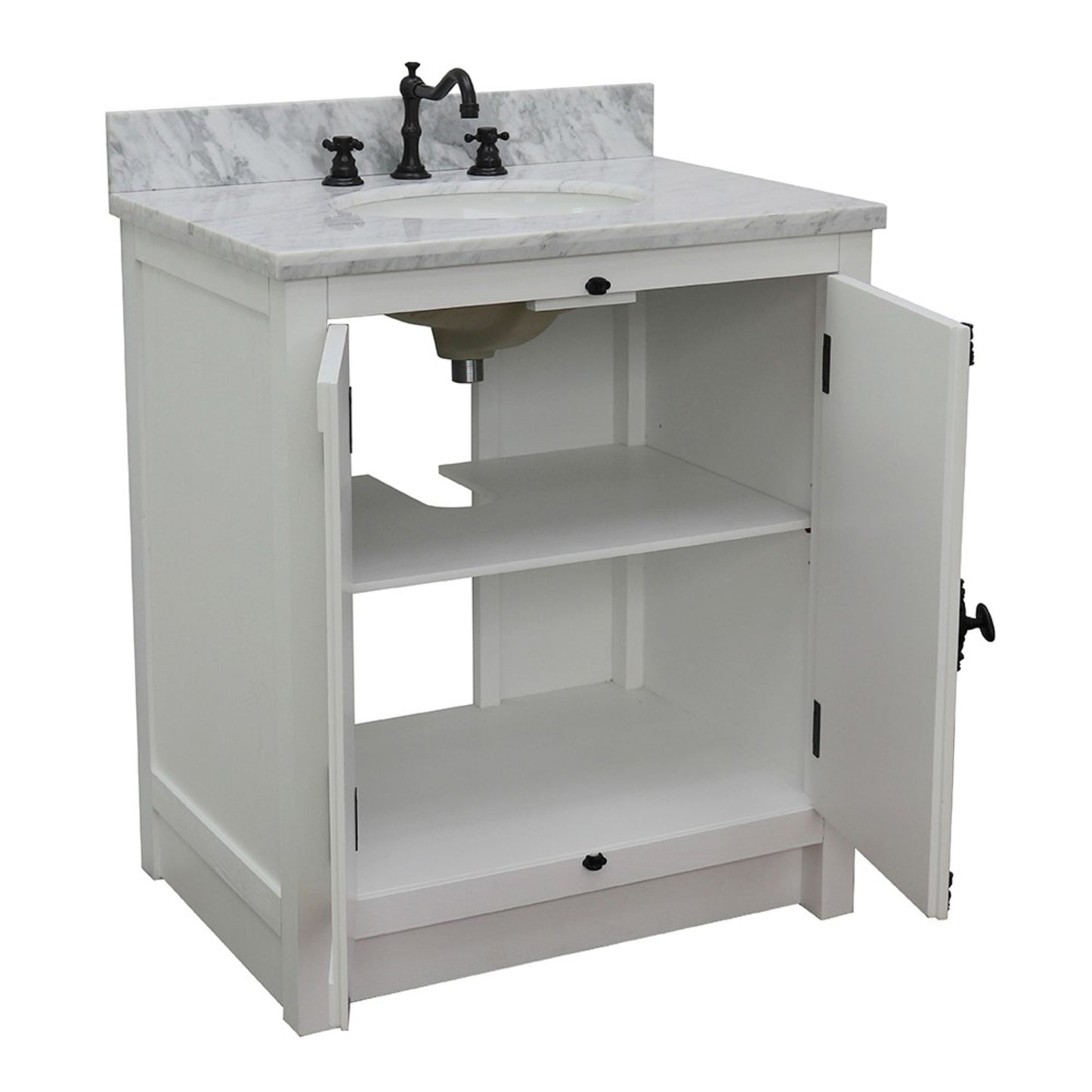 31" Single vanity in Glacier Ash finish with White Carrara top and oval sink