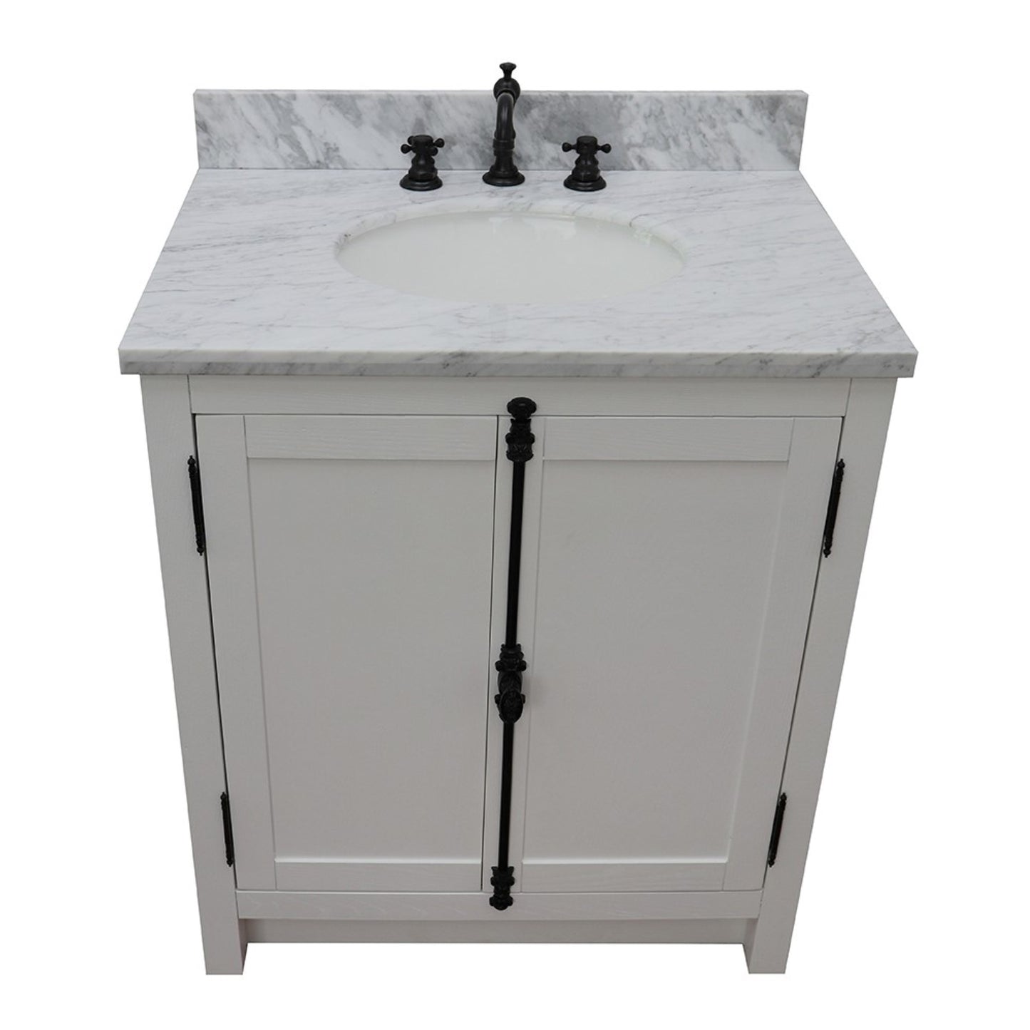 31" Single vanity in Glacier Ash finish with White Carrara top and oval sink