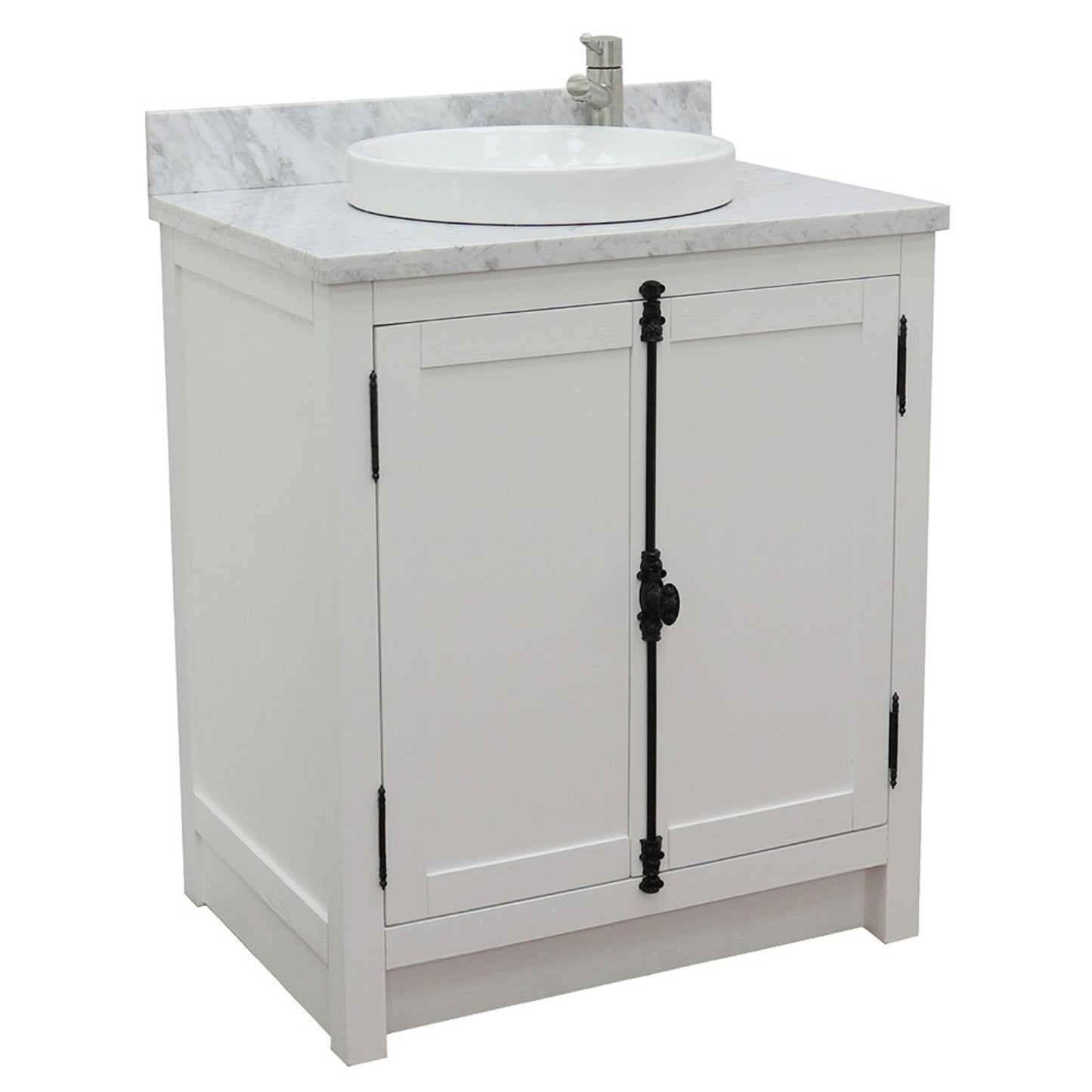 31" Single vanity in Glacier Ash finish with White Carrara top and round sink