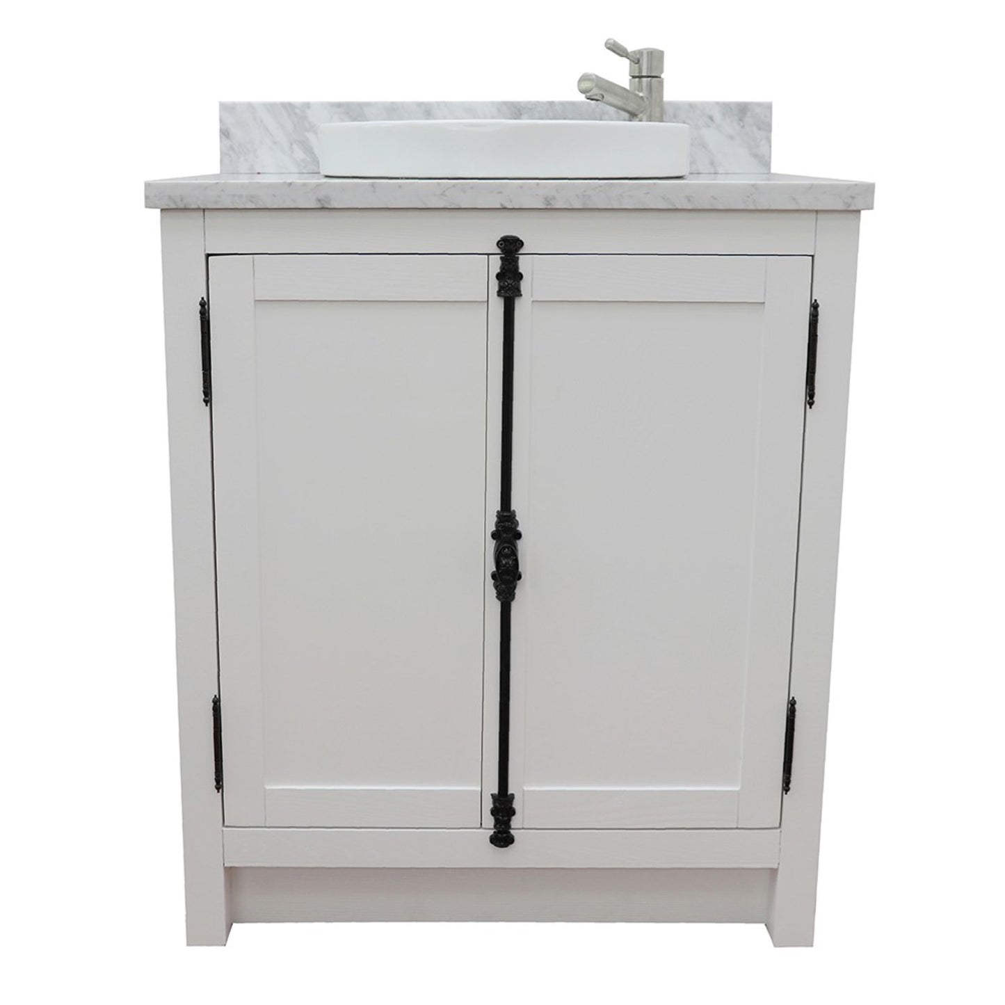 31" Single vanity in Glacier Ash finish with White Carrara top and round sink