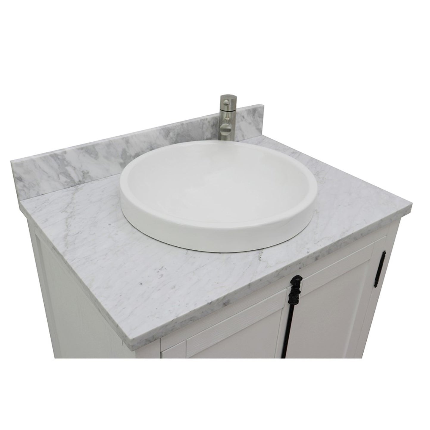 31" Single vanity in Glacier Ash finish with White Carrara top and round sink