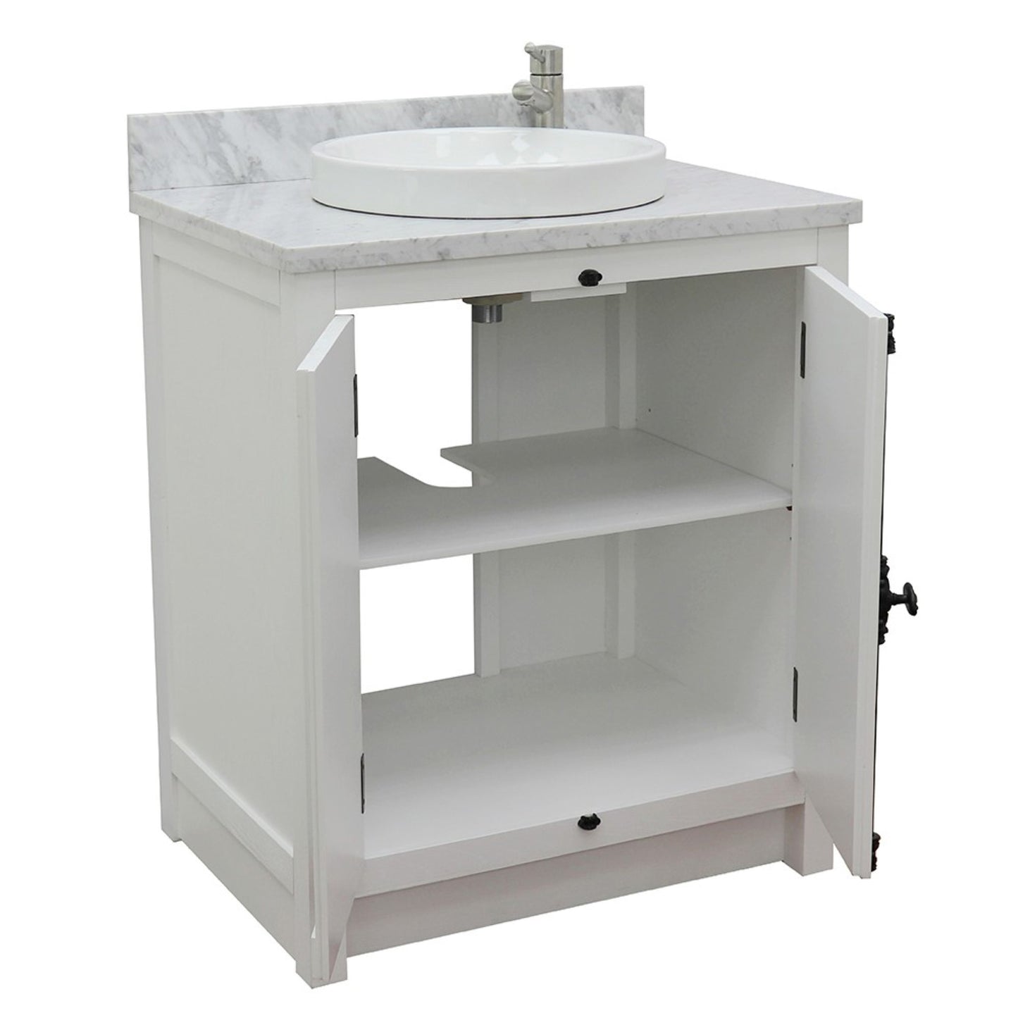 31" Single vanity in Glacier Ash finish with White Carrara top and round sink