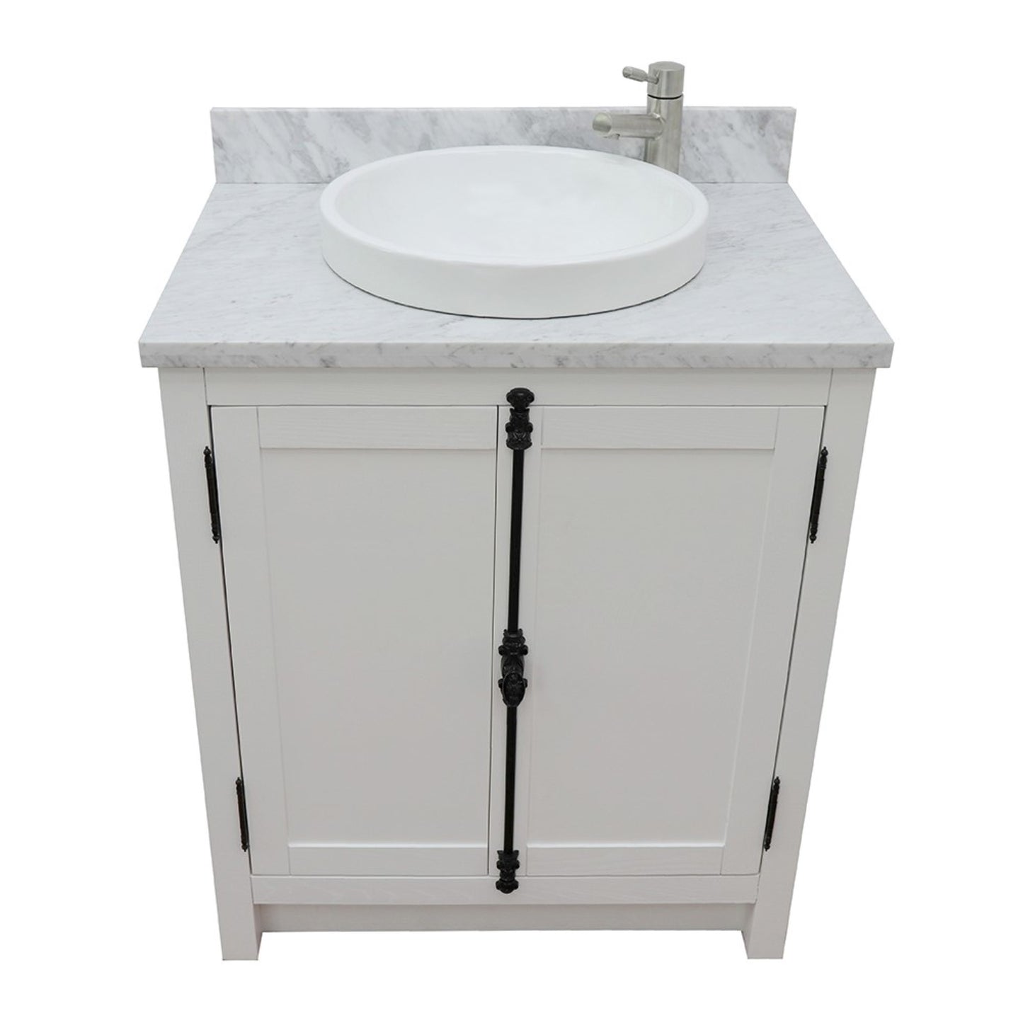 31" Single vanity in Glacier Ash finish with White Carrara top and round sink