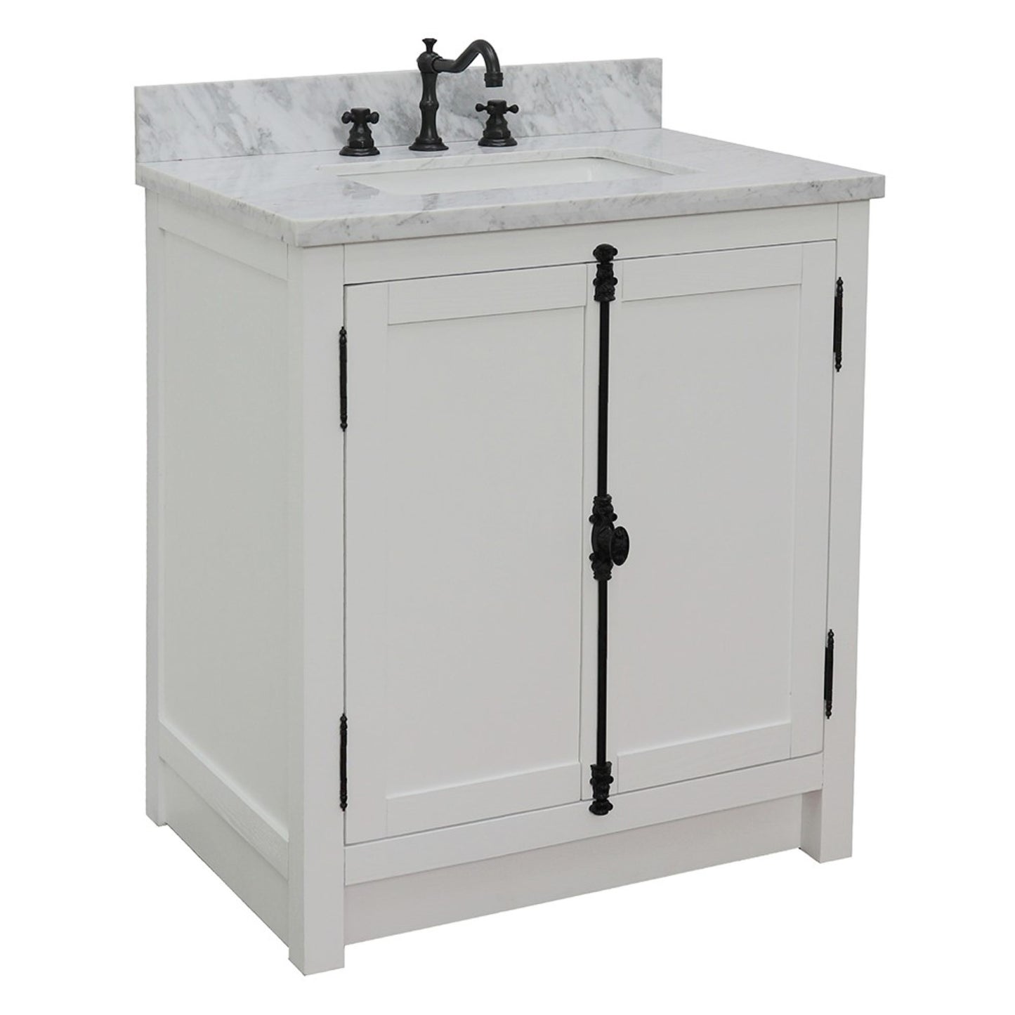 31" Single vanity in Glacier Ash finish with White Carrara top and rectangle sink