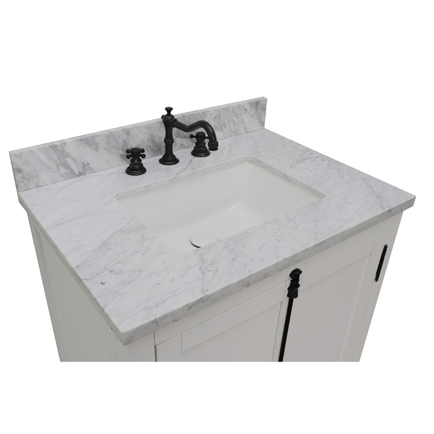 31" Single vanity in Glacier Ash finish with White Carrara top and rectangle sink