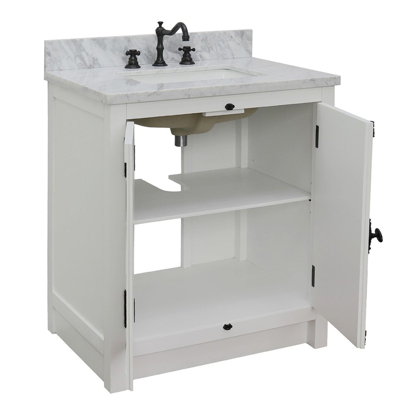 31" Single vanity in Glacier Ash finish with White Carrara top and rectangle sink