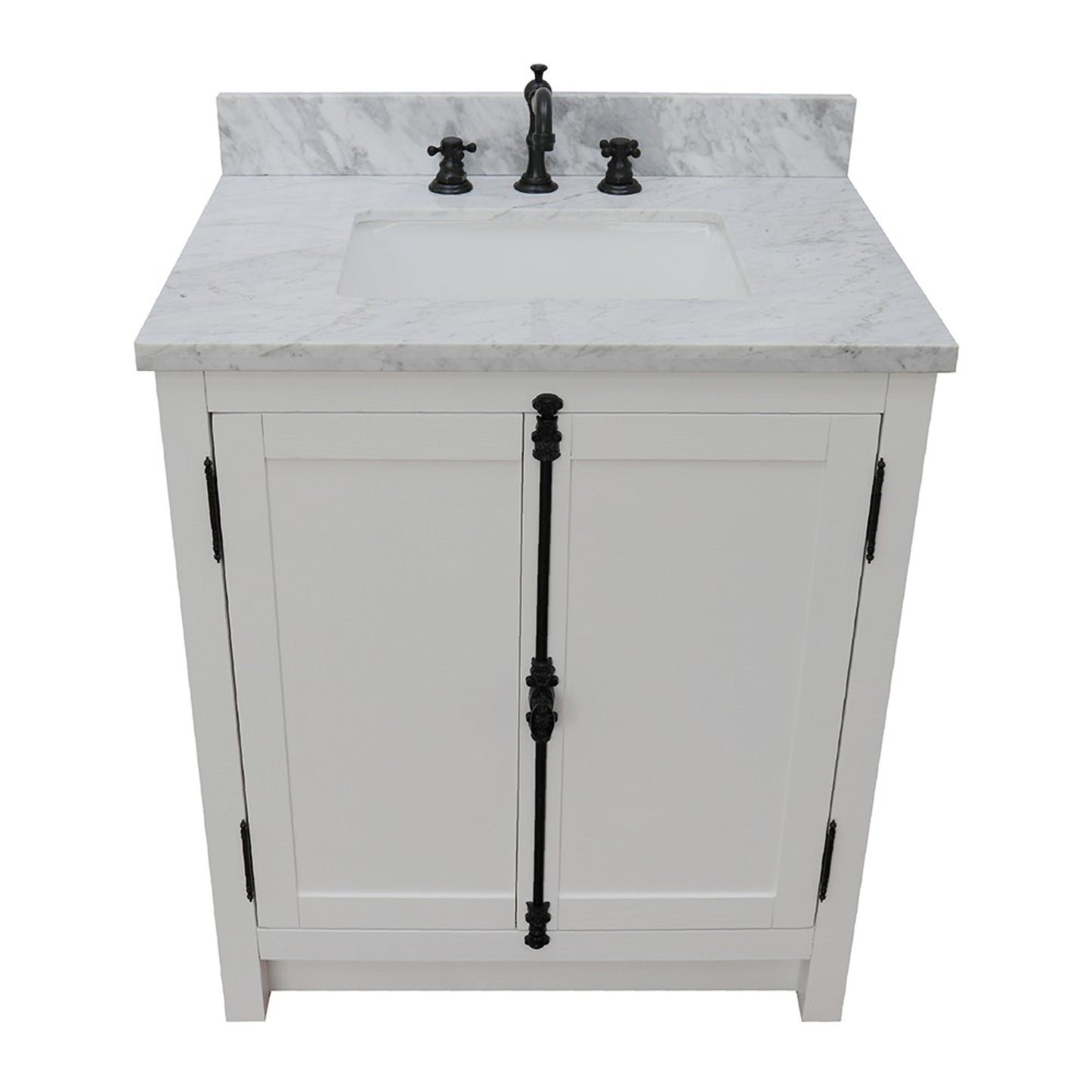 31" Single vanity in Glacier Ash finish with White Carrara top and rectangle sink