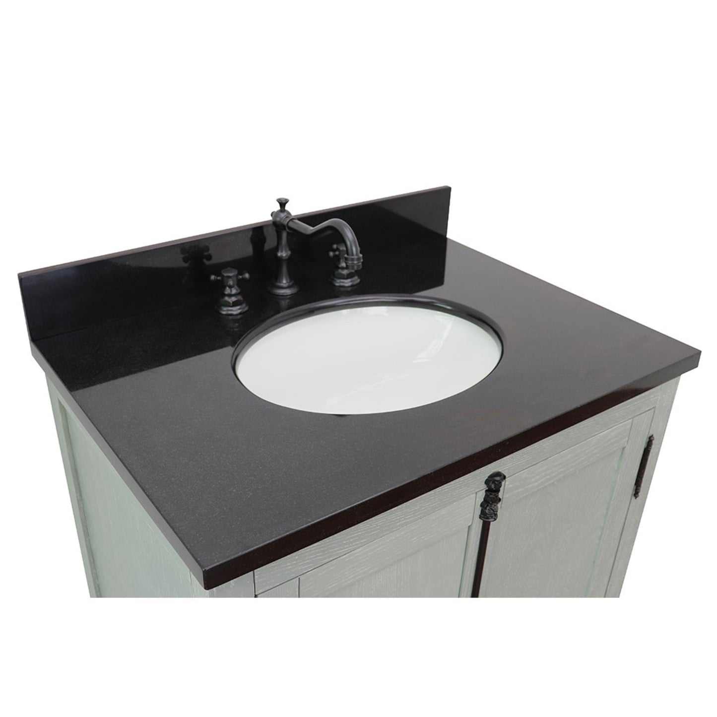 31" Single vanity in Gray Ash finish with Black Galaxy top and oval sink