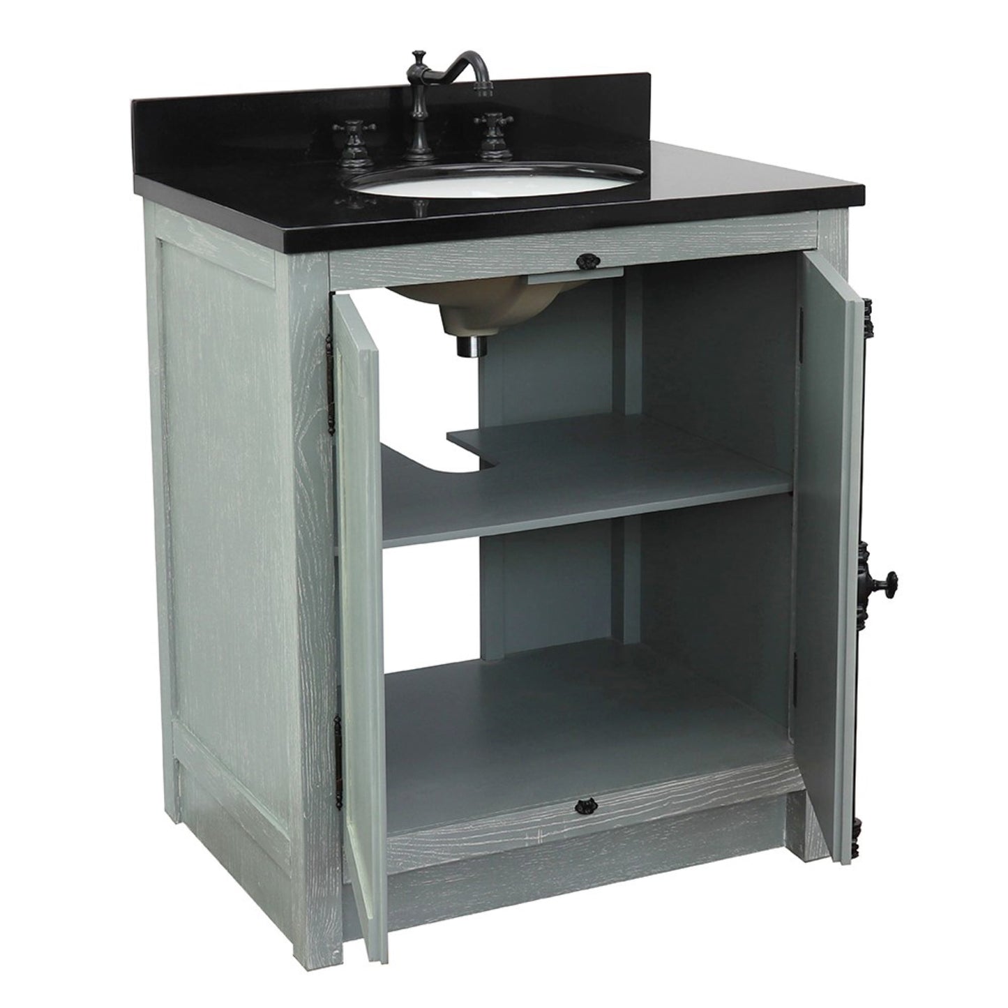 31" Single vanity in Gray Ash finish with Black Galaxy top and oval sink
