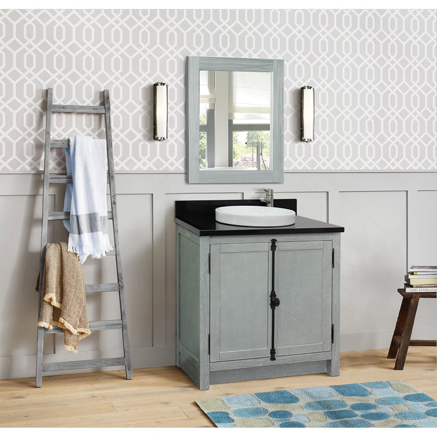 31" Single vanity in Gray Ash finish with Black Galaxy top and round sink