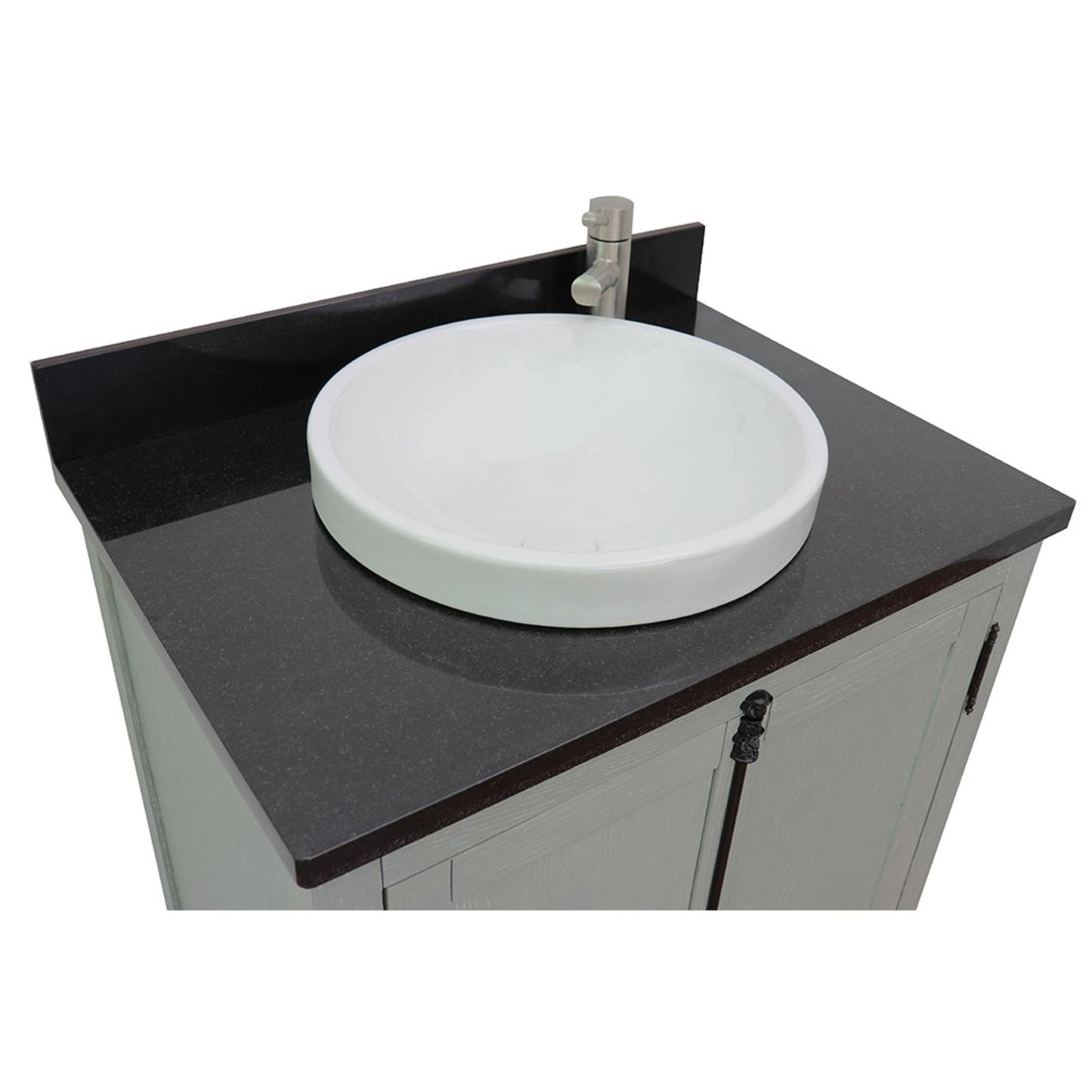 31" Single vanity in Gray Ash finish with Black Galaxy top and round sink