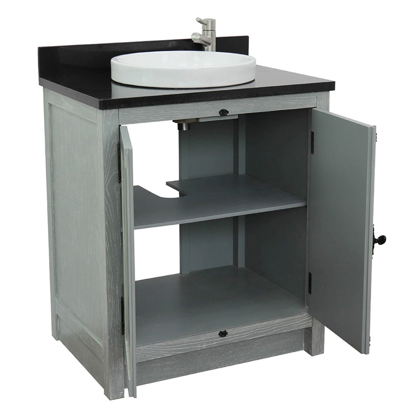 31" Single vanity in Gray Ash finish with Black Galaxy top and round sink