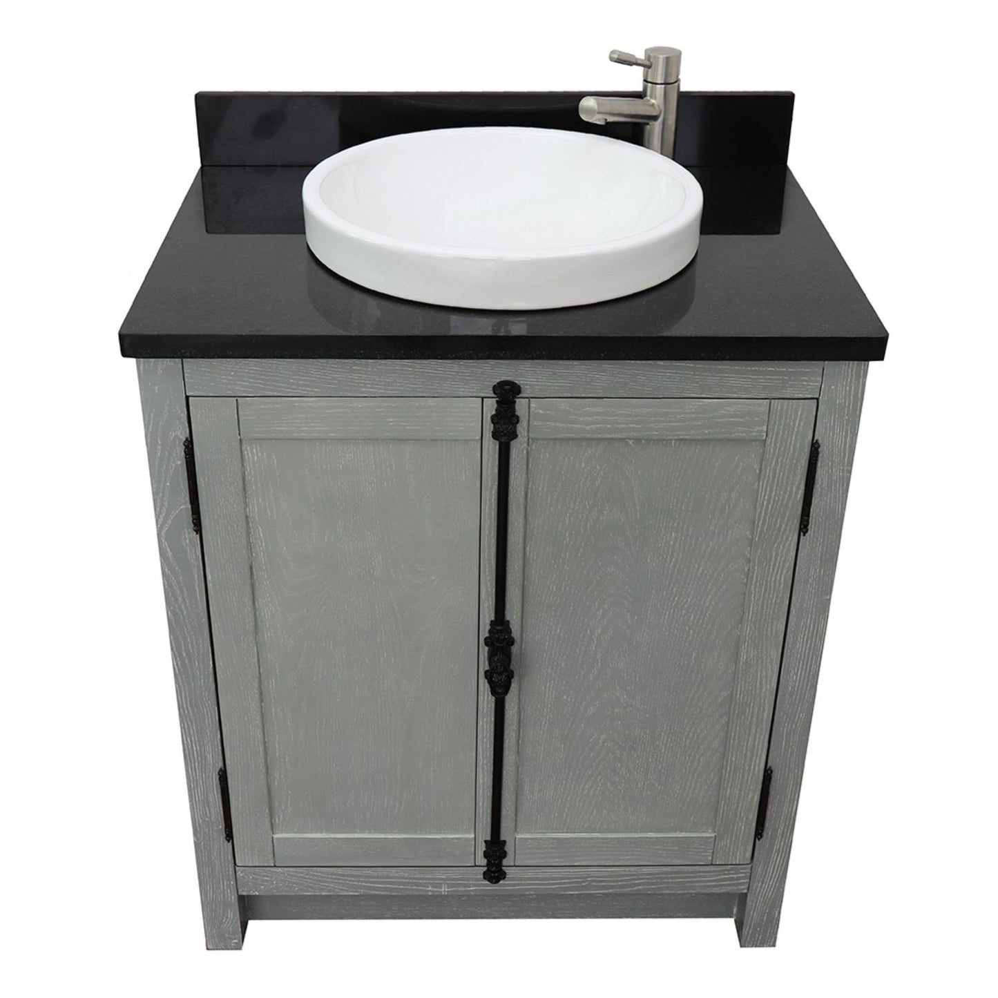 31" Single vanity in Gray Ash finish with Black Galaxy top and round sink