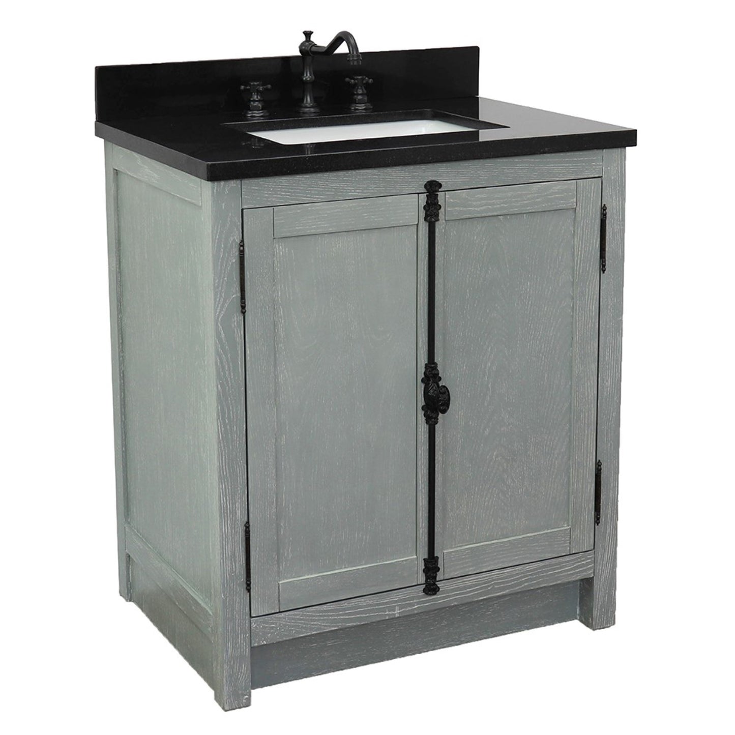 31" Single vanity in Gray Ash finish with Black Galaxy top and rectangle sink