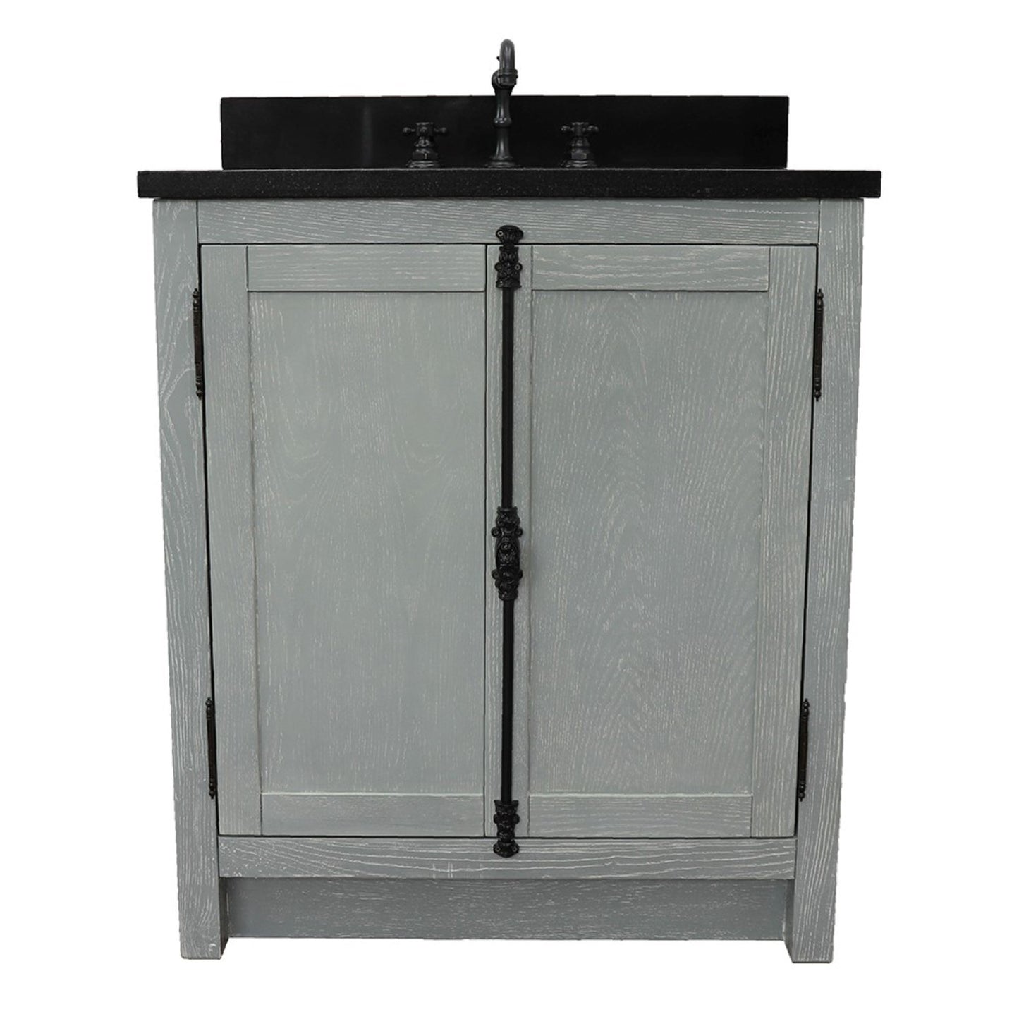 31" Single vanity in Gray Ash finish with Black Galaxy top and rectangle sink