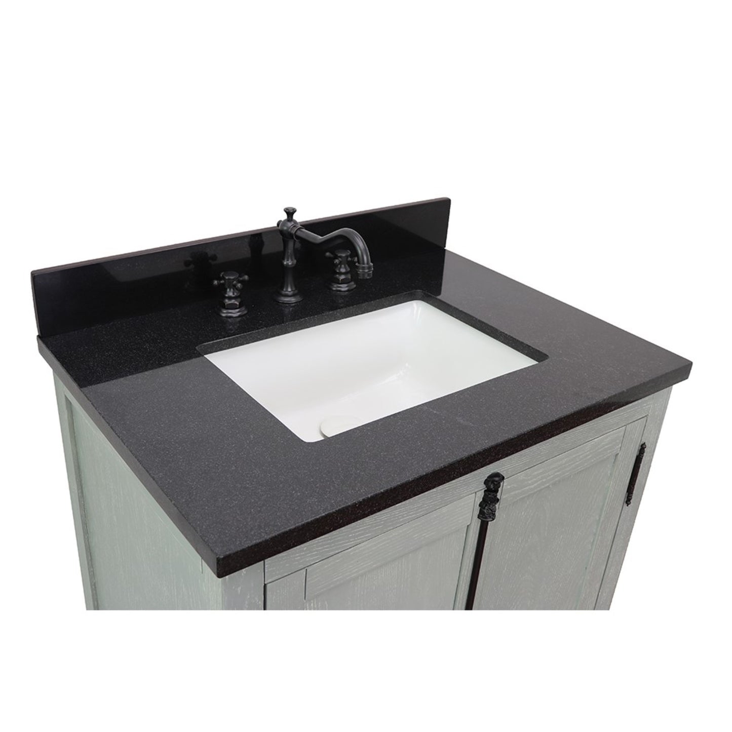 31" Single vanity in Gray Ash finish with Black Galaxy top and rectangle sink
